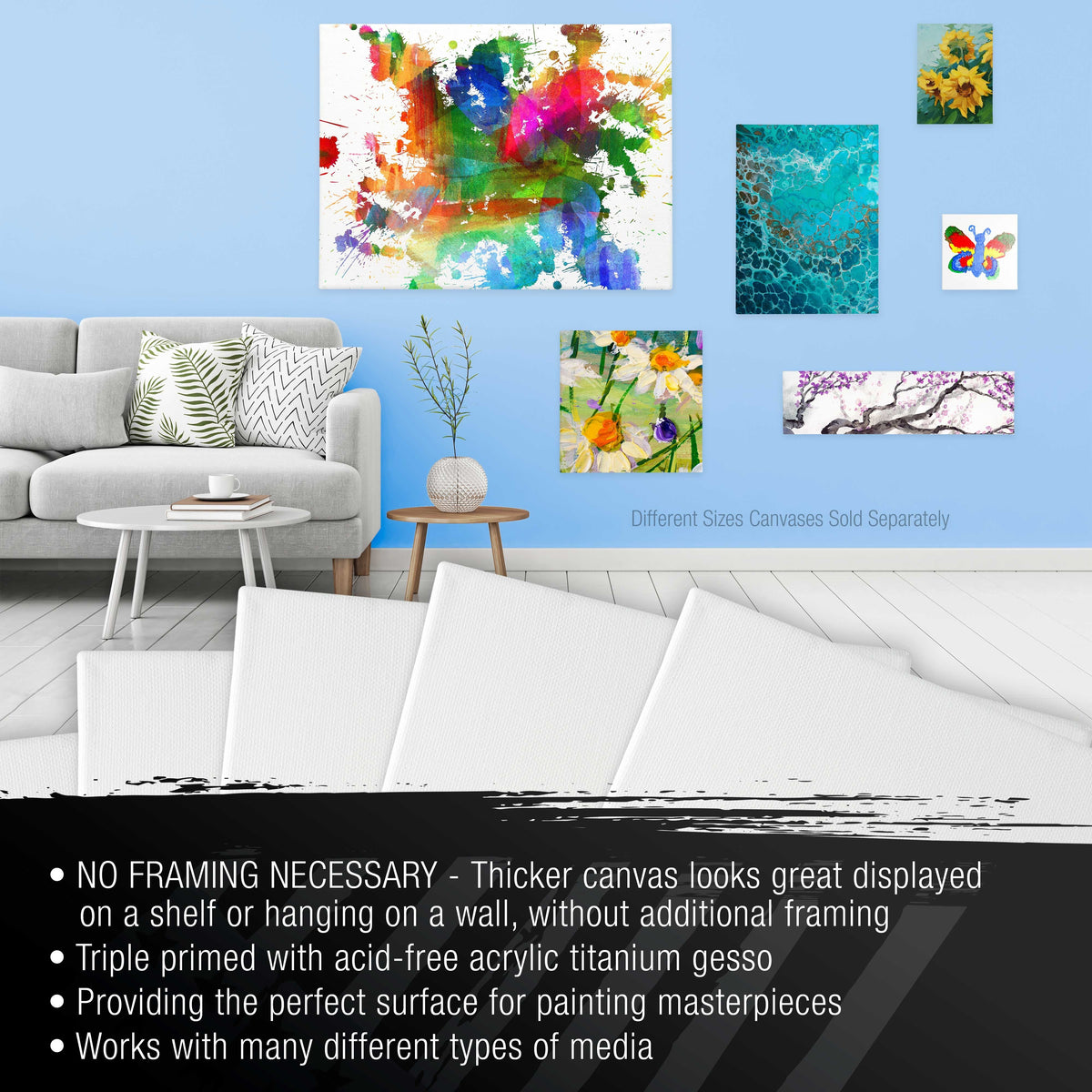 Square Stretched Canvas for Painting 6x6 inch Gallery Depth 1-1/2" Thick, 5-Pack - 12oz Acrylic Gesso Triple Primed, Professional Artist Quality, 100% Cotton - Pouring, Oil Paint