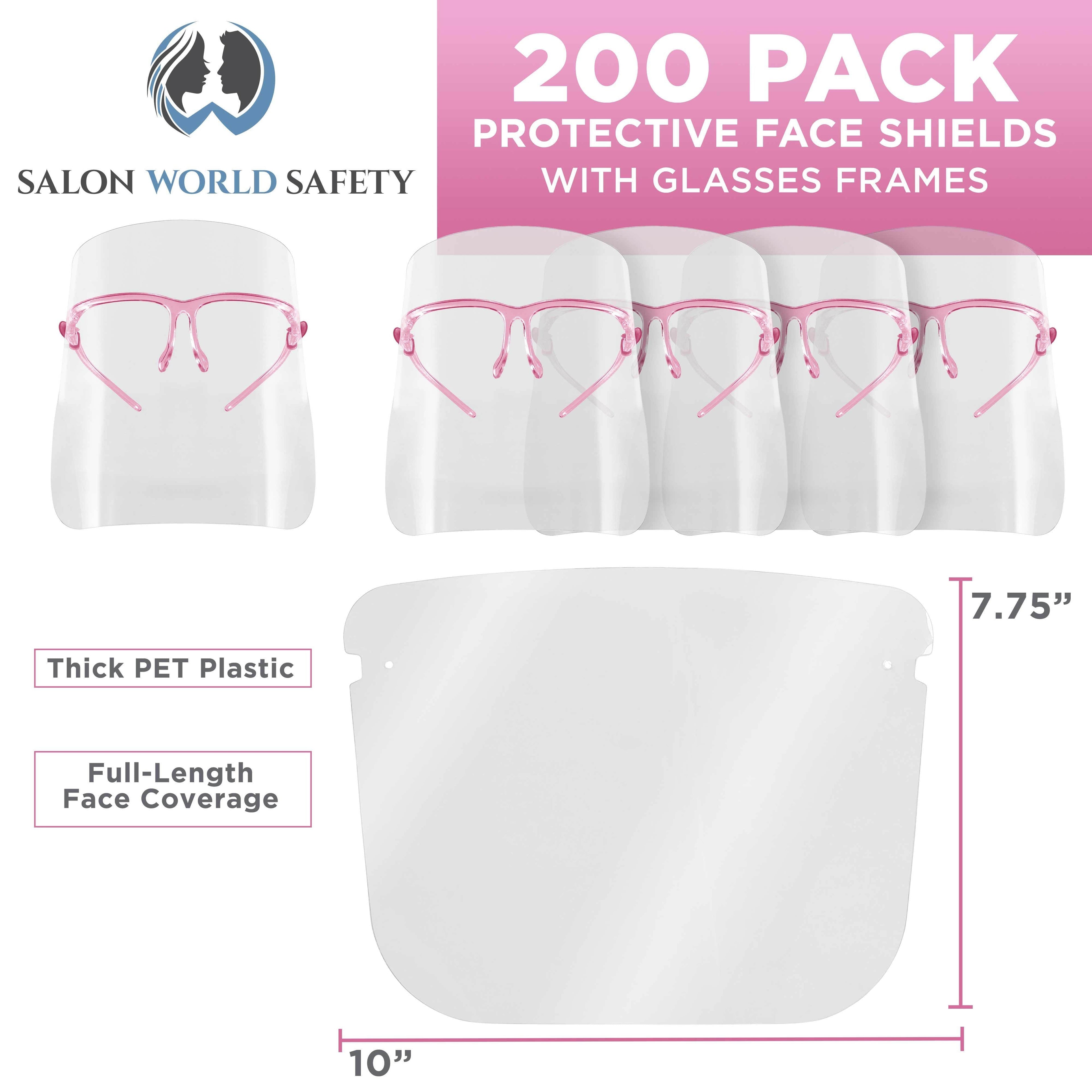 Face Shields with Pink Glasses Frames (20 Packs of 10) - Ultra Clear Protective Full Face Shields to Protect Eyes, Nose, Mouth - Anti-Fog PET Plastic