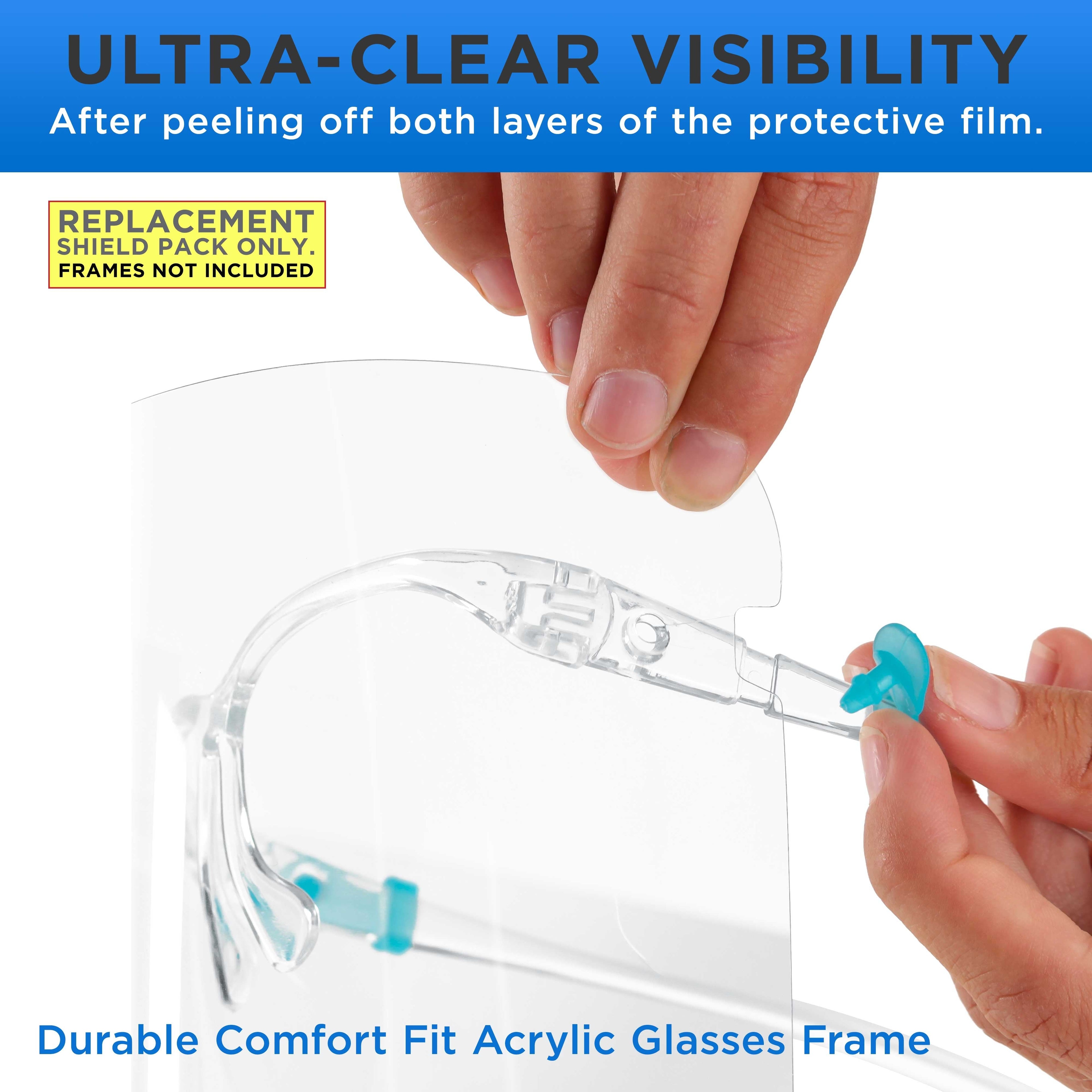 Replacement Face Shields Only (10 Packs of 10), Glasses Frames Not Included, Ultra Clear, Protect Eyes Mouth, Anti-Fog PET Plastic