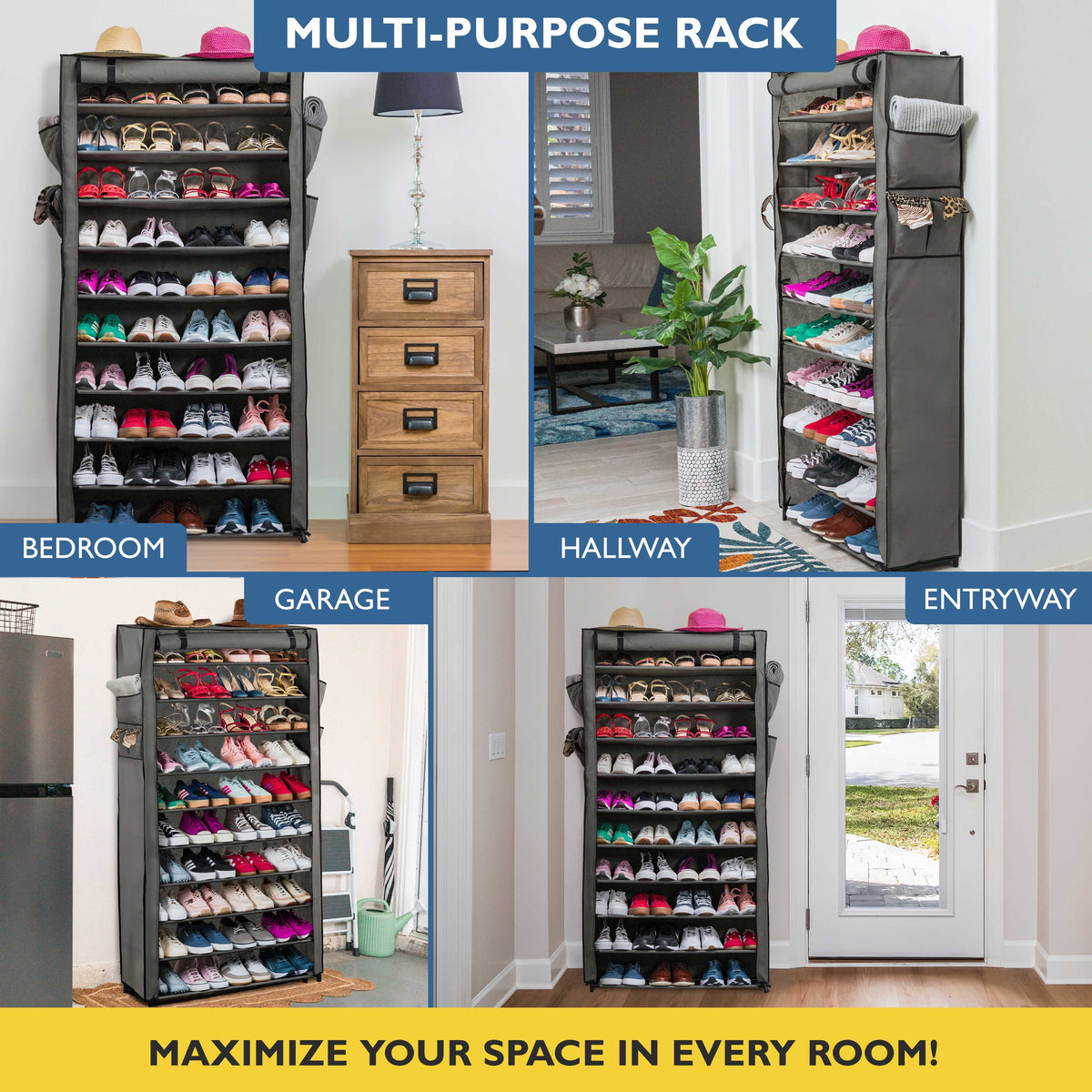 10 Tier Shoe Organizer, Sturdy Tall Shoe Rack for Closet, Entrance, Garage, Non Woven Fabric Shelf, Grey, Holds Up to 50 Pairs