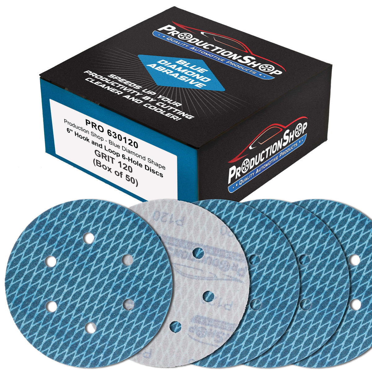 Premium 120 Grit 6" Rhombus Diamond Shape Blue Sanding Discs, 6-Hole, Box of 50 - Hook & Loop Anti-Clogging J-Cloth Dustless Sandpaper for Random Orbital Sanders