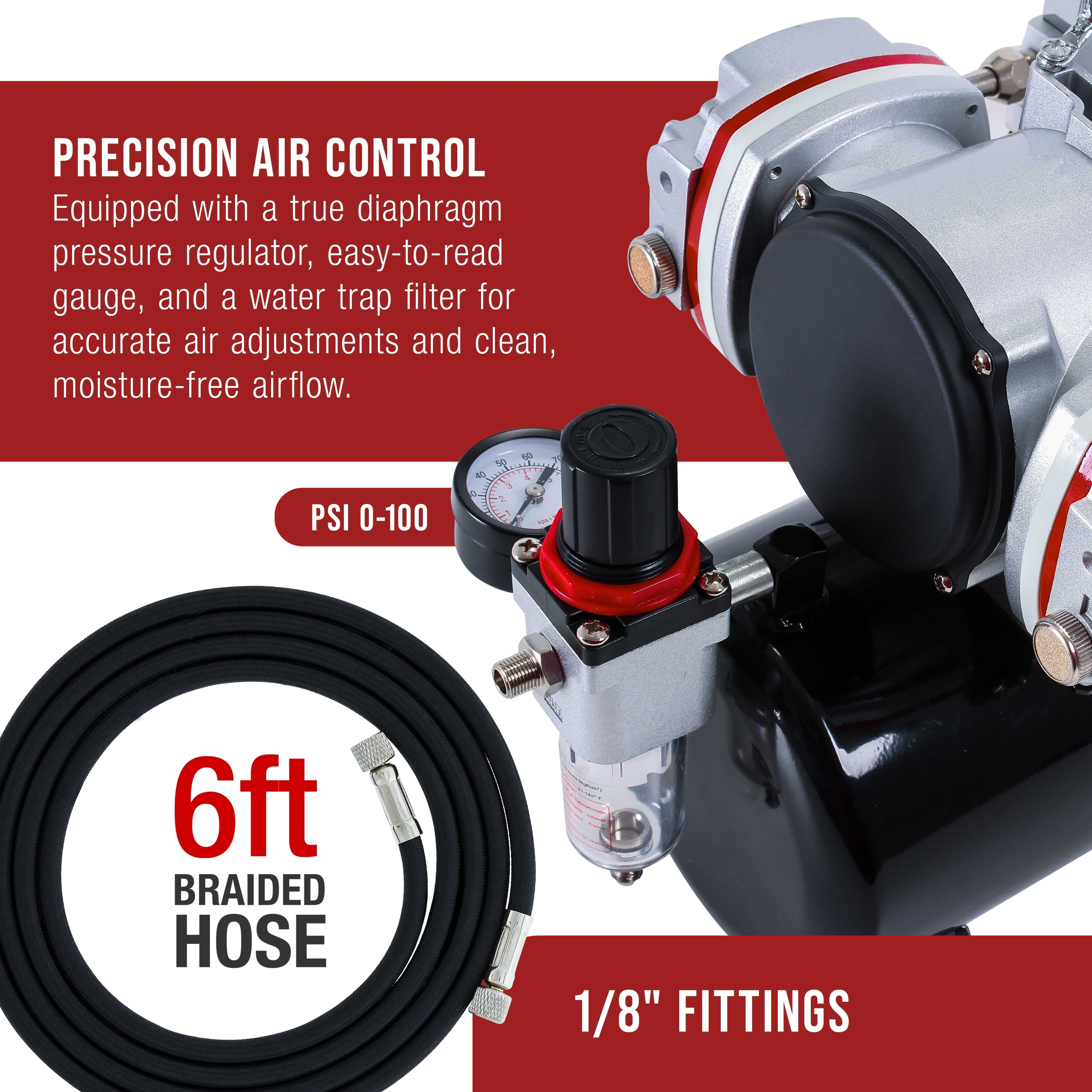 TC-828 Airbrush Compressor with Tank- 1/3 HP Twin Cylinder, 4L Air Tank, 78L/Min Flow, Multi-Airbrush & Spray Gun Support, True
