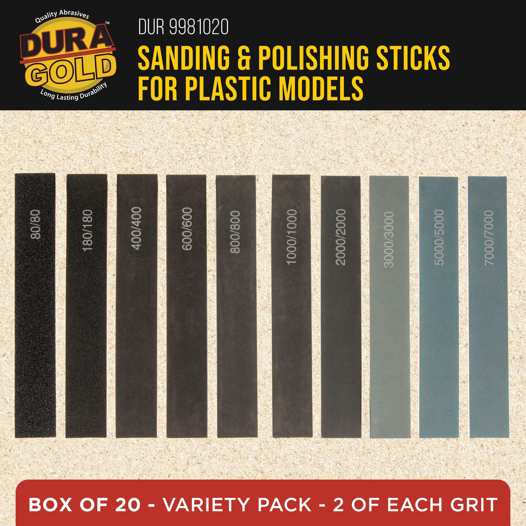 Sanding Sticks and Polishing Sticks for Plastic Models, Pack of 20 - 2 Each of 10 Grits, Coarse 80 to Super-Fine 7000 Grit, Classic Style