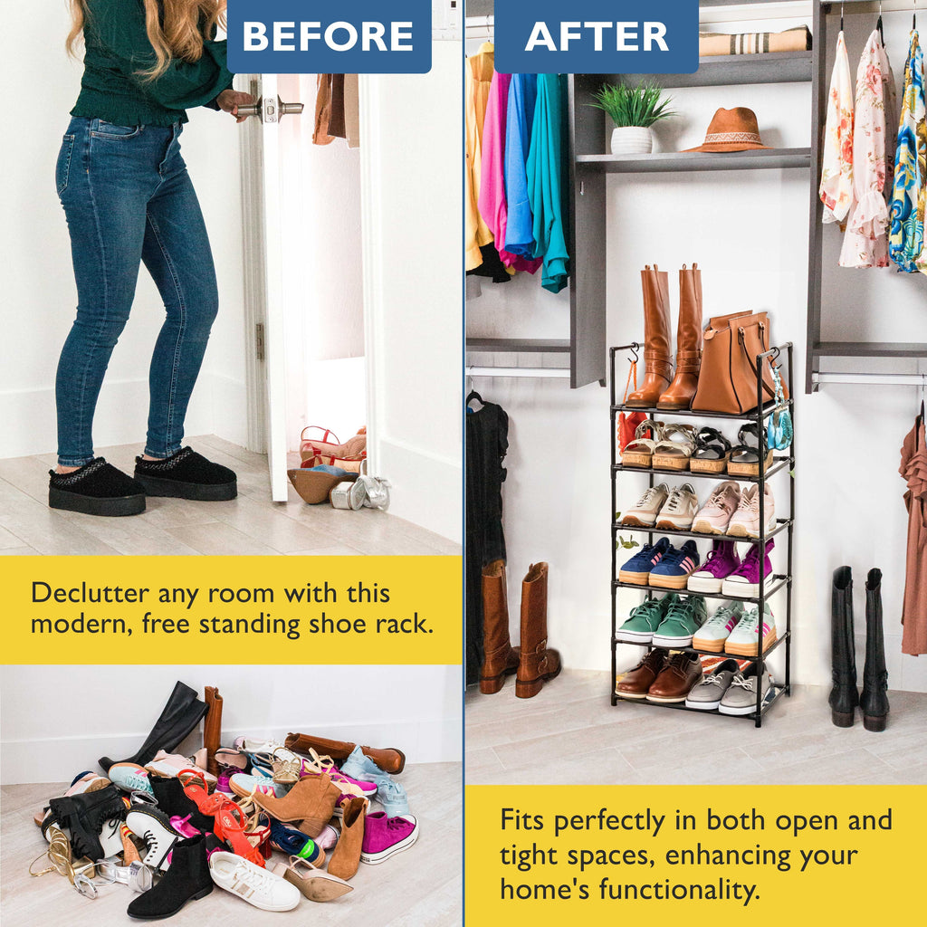 6 Tier Tall Shoe Organizer, Sturdy Stackable Shoe Rack for Closet, Bedroom, Entryway, Garage, Non Woven Fabric Shelf, Black, Holds 12-18 Pairs