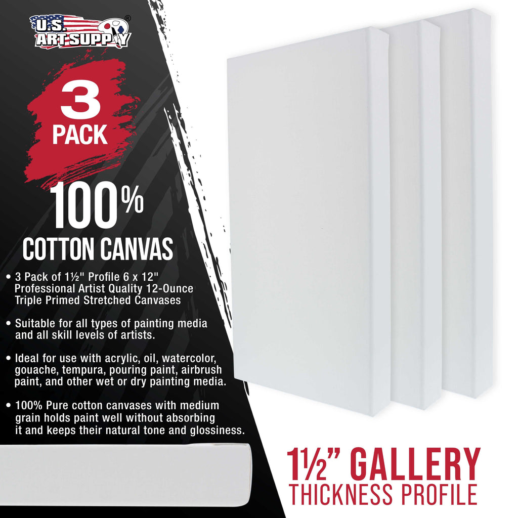 Long Stretched Canvas for Painting 6x12 inch Gallery Depth 1-1/2" Thick, 3-Pack - 12oz Acrylic Gesso Triple Primed, Professional Artist Quality, 100% Cotton - Pouring, Oil Paint