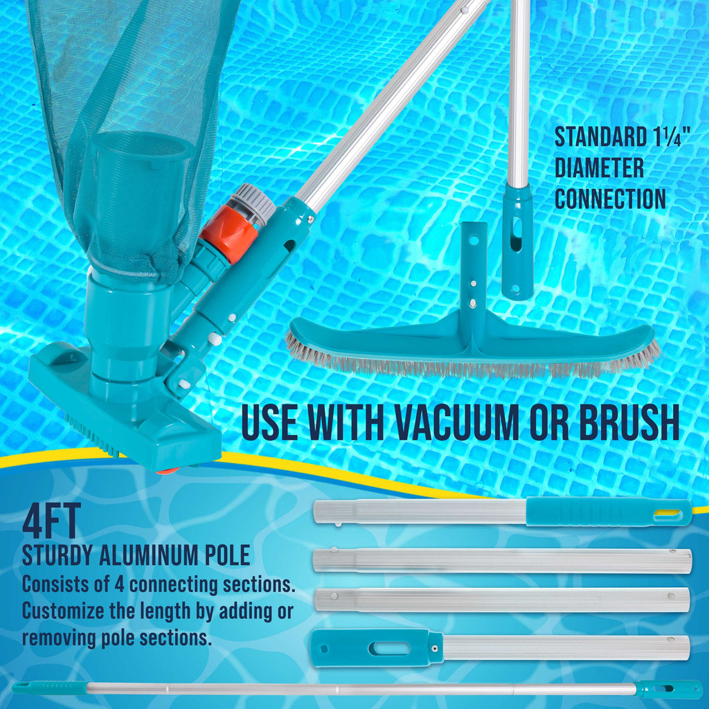 Deluxe Swimming Pool Maintenance Kit with Deluxe Jet Vacuum, 16" Floor & Wall Scrub Brush, Adjustable Telescopic Pole - Remove Debris