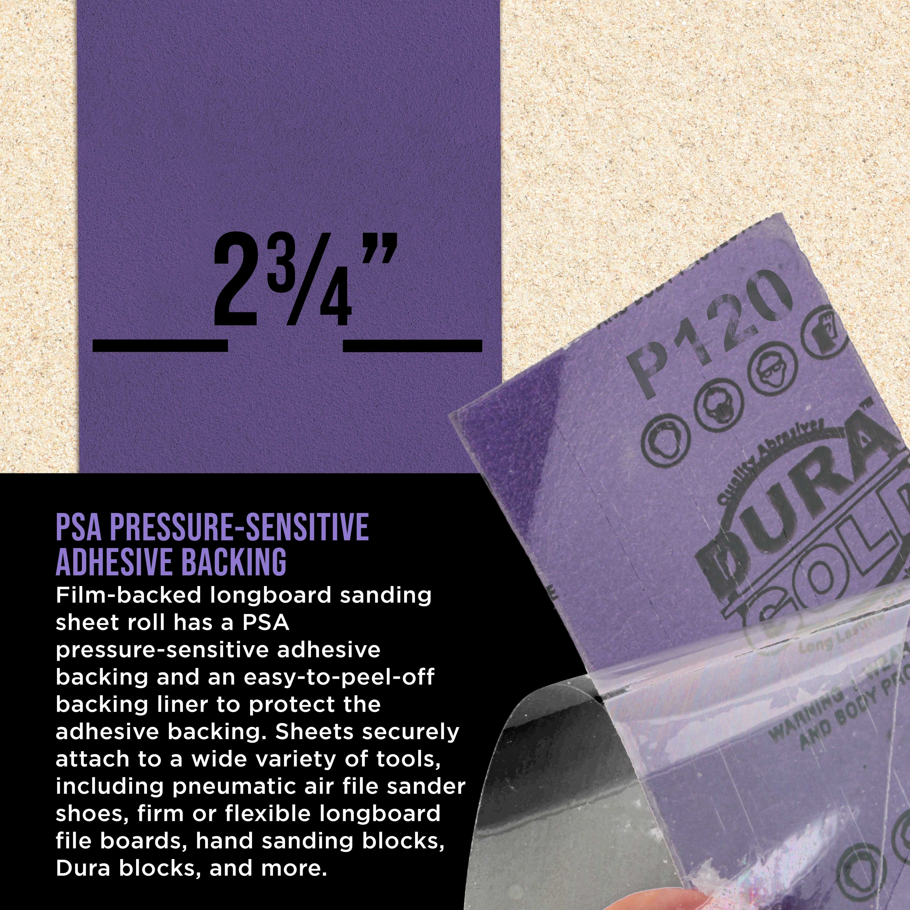 Premium 120 Grit PSA Purple Film Ceramic Longboard Sandpaper, 2-3/4" Wide Continuous 20 Yard Roll - Self Adhesive Stickyback for Auto & Wood Air File Long Board Sanders, Hand Sanding Blocks