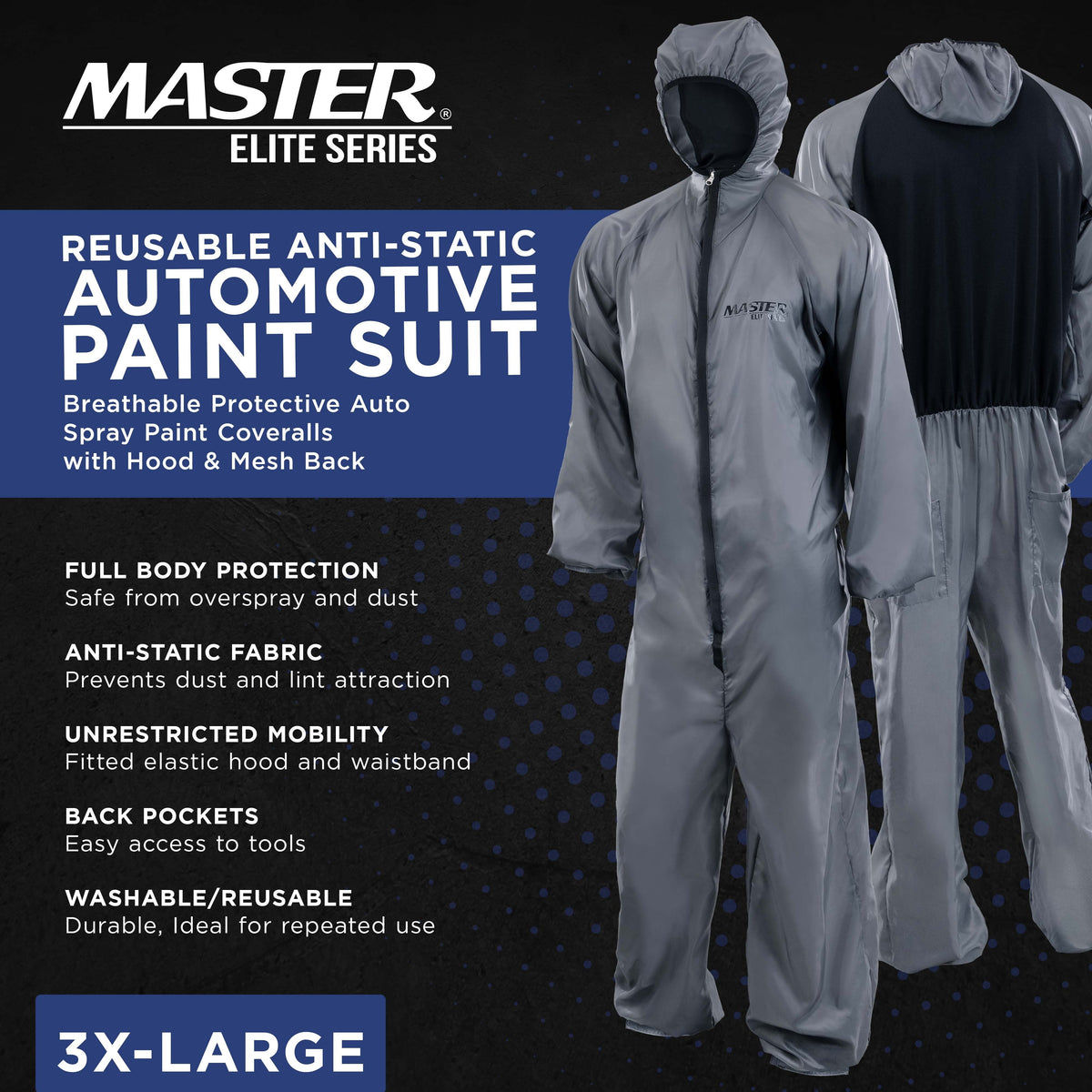 Reusable Anti-Static Automotive Paint Suit (XXXL) - Breathable Protective Auto Spray Paint Coveralls with Hood & Mesh Back - Polyester