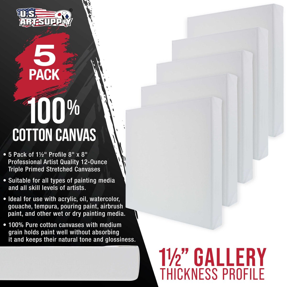Square Stretched Canvas for Painting 8x8 inch Gallery Depth 1-1/2" Thick, 5-Pack - 12oz Acrylic Gesso Triple Primed, Professional Artist Quality, 100% Cotton - Pouring, Oil Paint