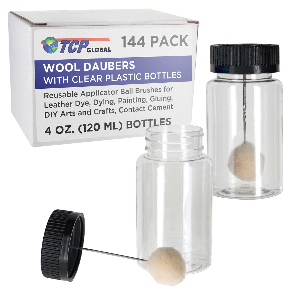 144-Pack Wool Daubers with Clear Plastic Bottles, 4 oz. (120 ml) - Safety Lids, Applicator Ball Brushes for Leather Dye, Dyeing, Painting, Gluing