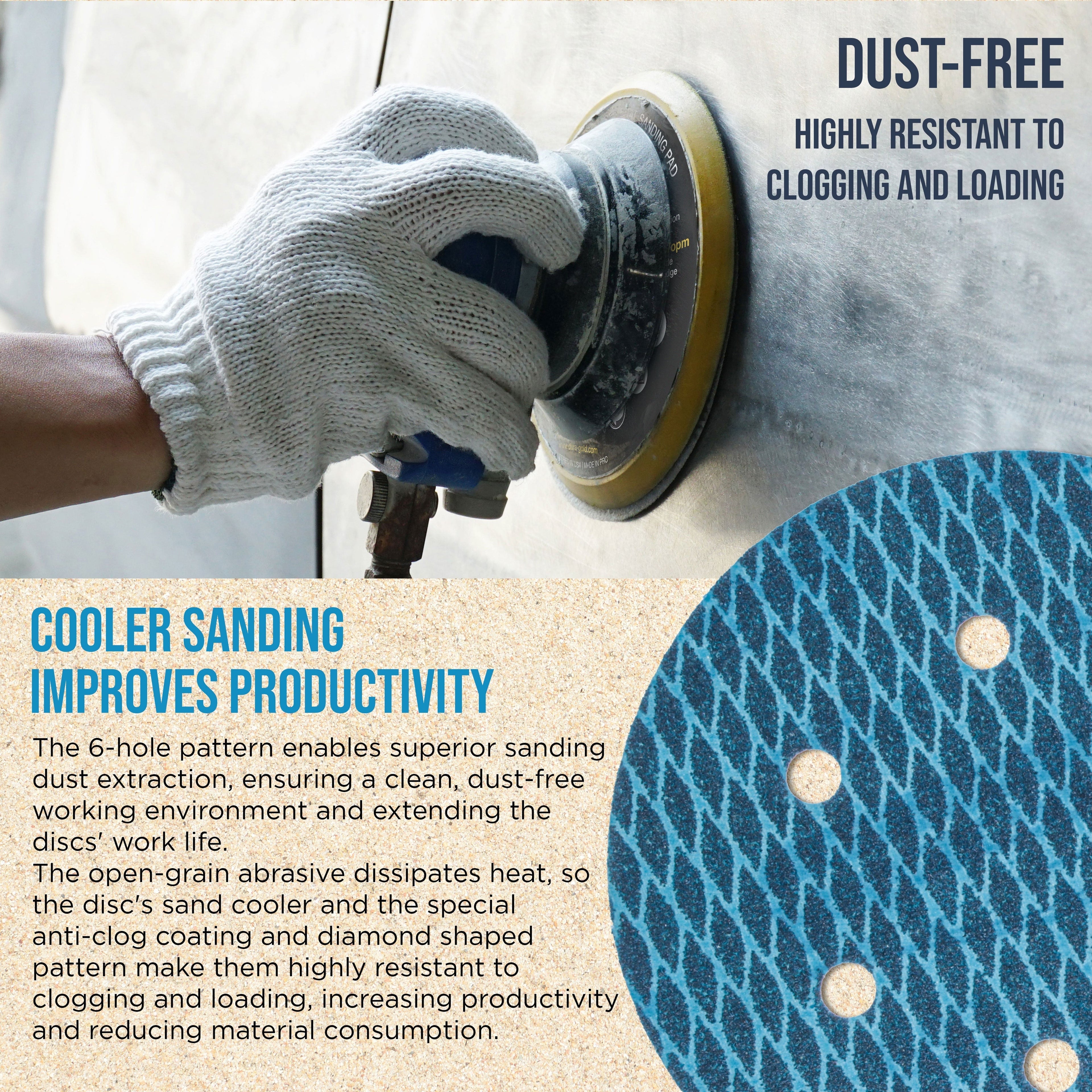 Premium 60 Grit 6" Rhombus Diamond Shape Blue Sanding Discs, 6-Hole, Box of 50 - Hook & Loop Anti-Clogging J-Cloth Dustless Sandpaper for Random Orbital Sanders
