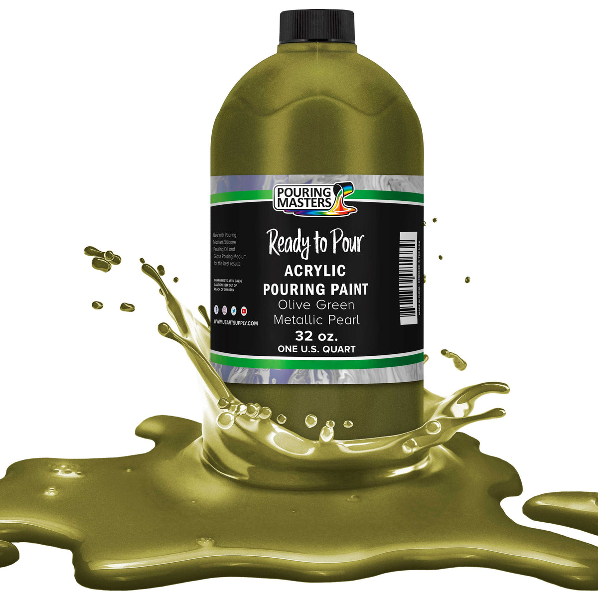 Pouring Masters Olive Green Metallic Pearl Ready to Pour Acrylic Pouring Paint - Premium 32-Ounce Pre-Mixed Fluid Acrylic Paint - Fluid Art Supplies for Canvas, Wood, Paper, Tile & Rocks