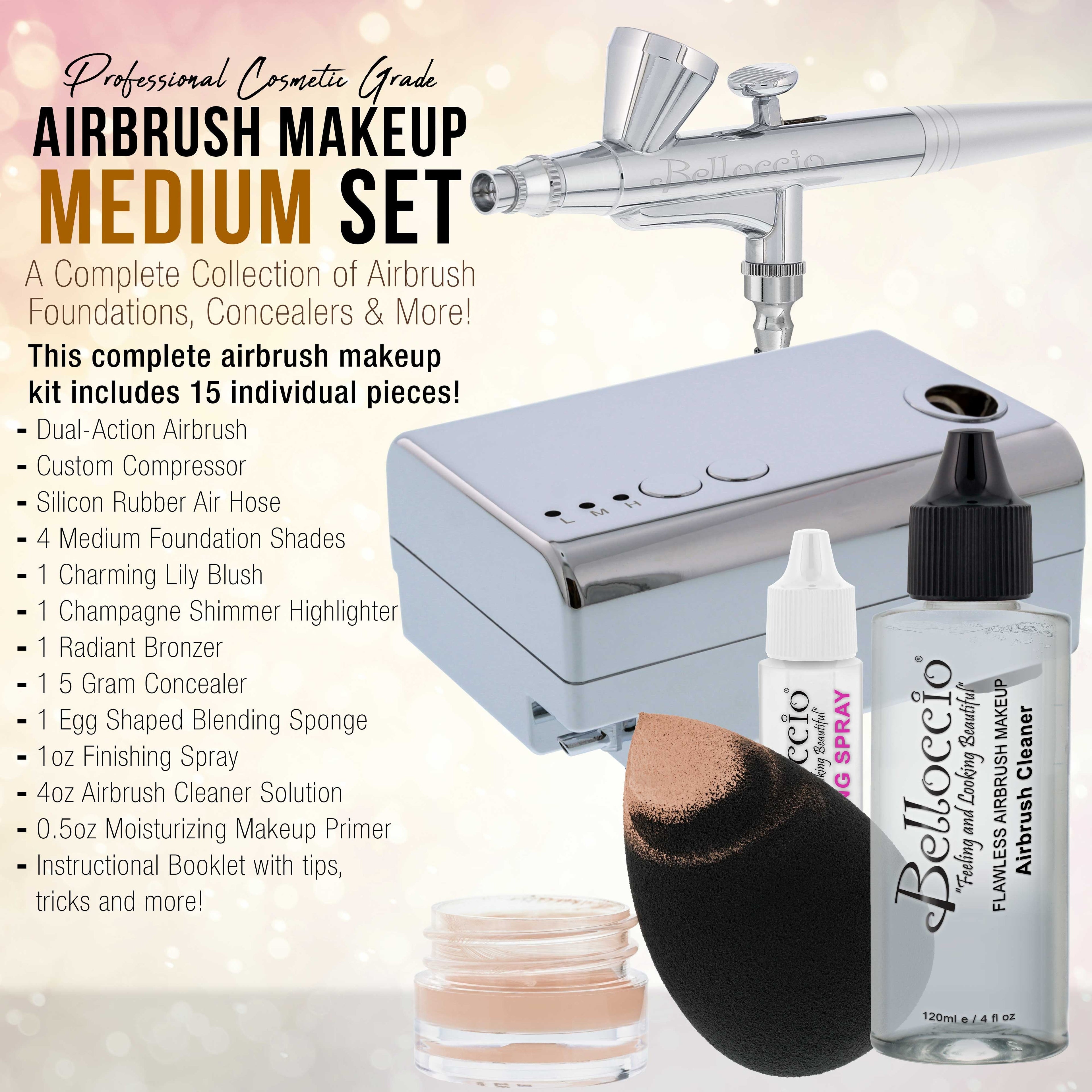 Belloccio Professional Beauty Airbrush Cosmetic Makeup System with 4 Medium Shades of Foundation in 1/4 oz Bottles