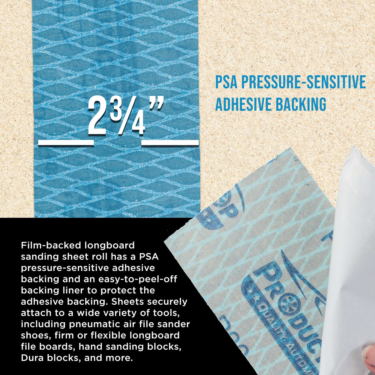 400 Grit PSA Rhombus Diamond Shape Blue Longboard Sandpaper, 2-3/4" Wide Continuous 12 Yard Roll - Self Adhesive Stickyback