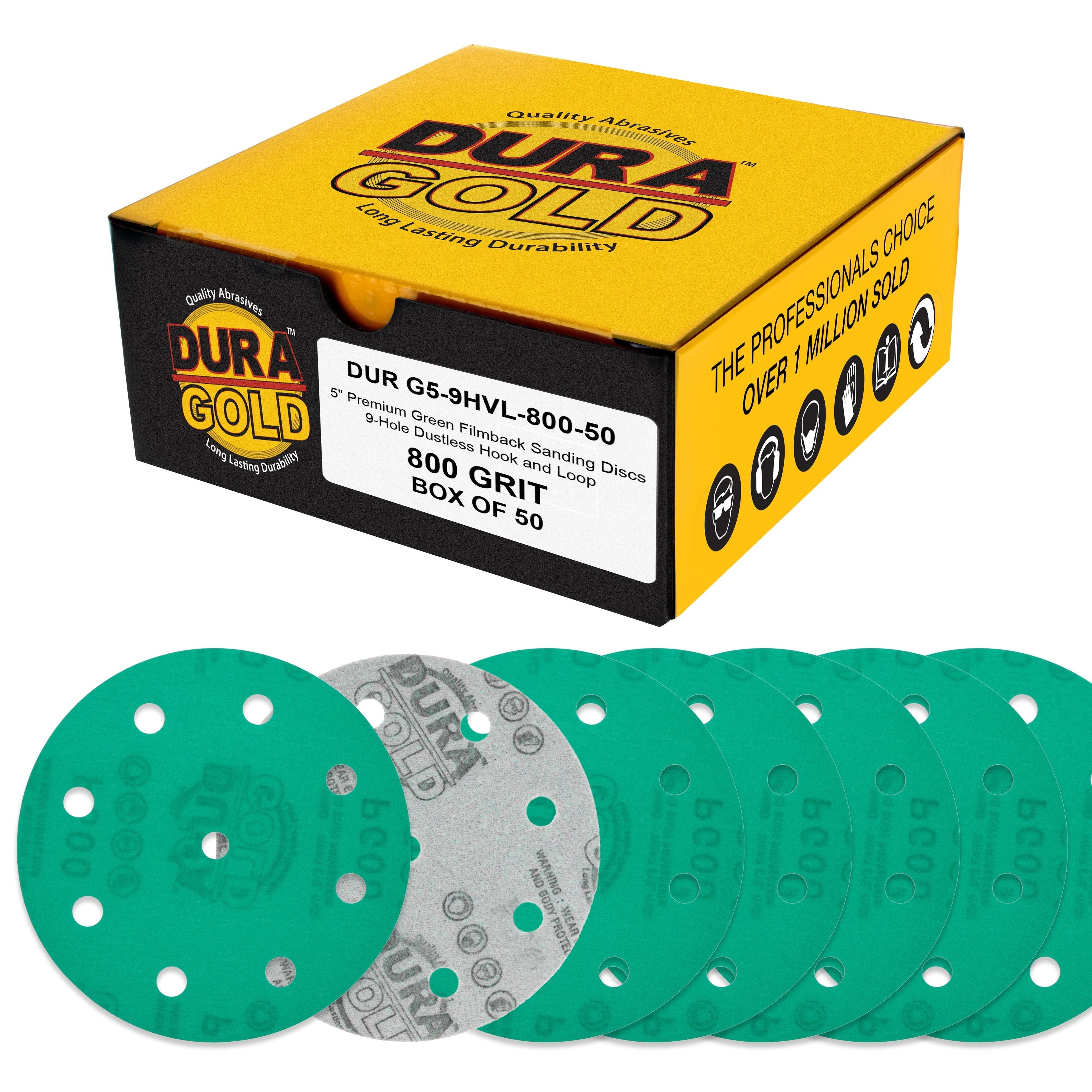 800 Grit 5" Green Film Sanding Discs, 9-Hole Pattern, Box of 50 - Heavy-Duty Dustless Hook & Loop Backing Sandpaper for DA & Random Orbital Sanders, Sand Auto Paint, Wood, Furniture