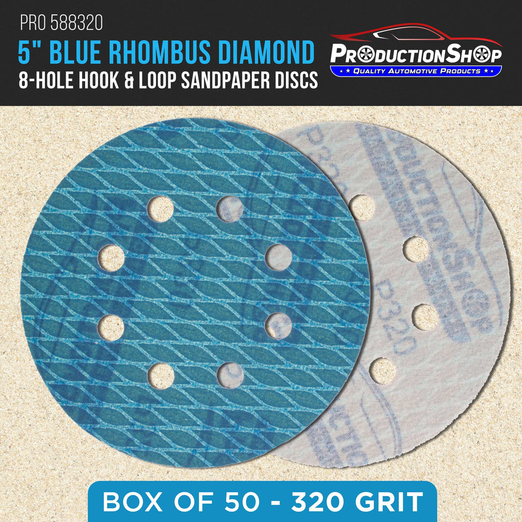 Premium 320 Grit 5" Rhombus Diamond Shape Blue Sanding Discs, 8-Hole, Box of 50 - Hook & Loop Anti-Clogging J-Cloth Dustless Sandpaper for Random Orbital Sanders