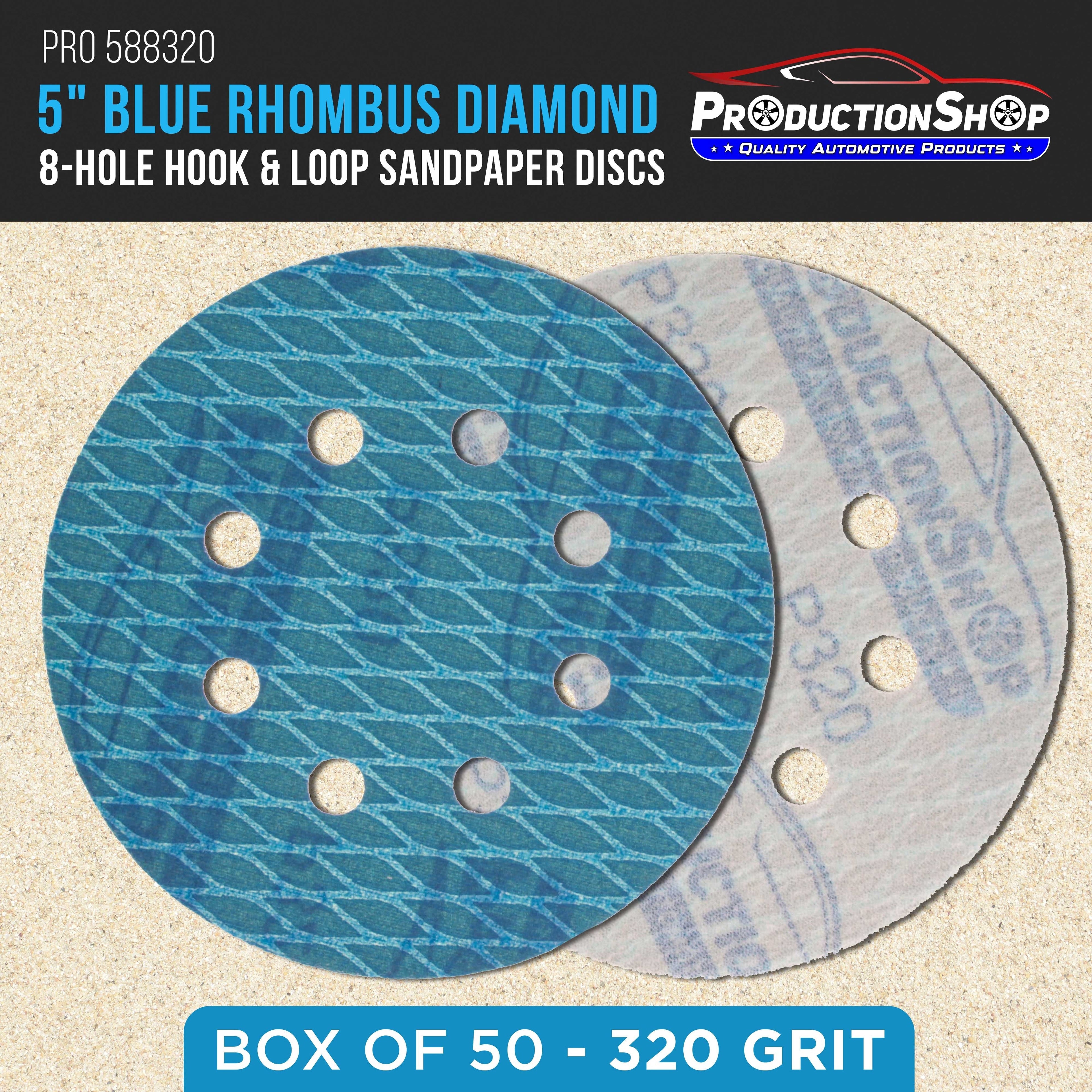 Premium 320 Grit 5" Rhombus Diamond Shape Blue Sanding Discs, 8-Hole, Box of 50 - Hook & Loop Anti-Clogging J-Cloth Dustless Sandpaper for Random Orbital Sanders