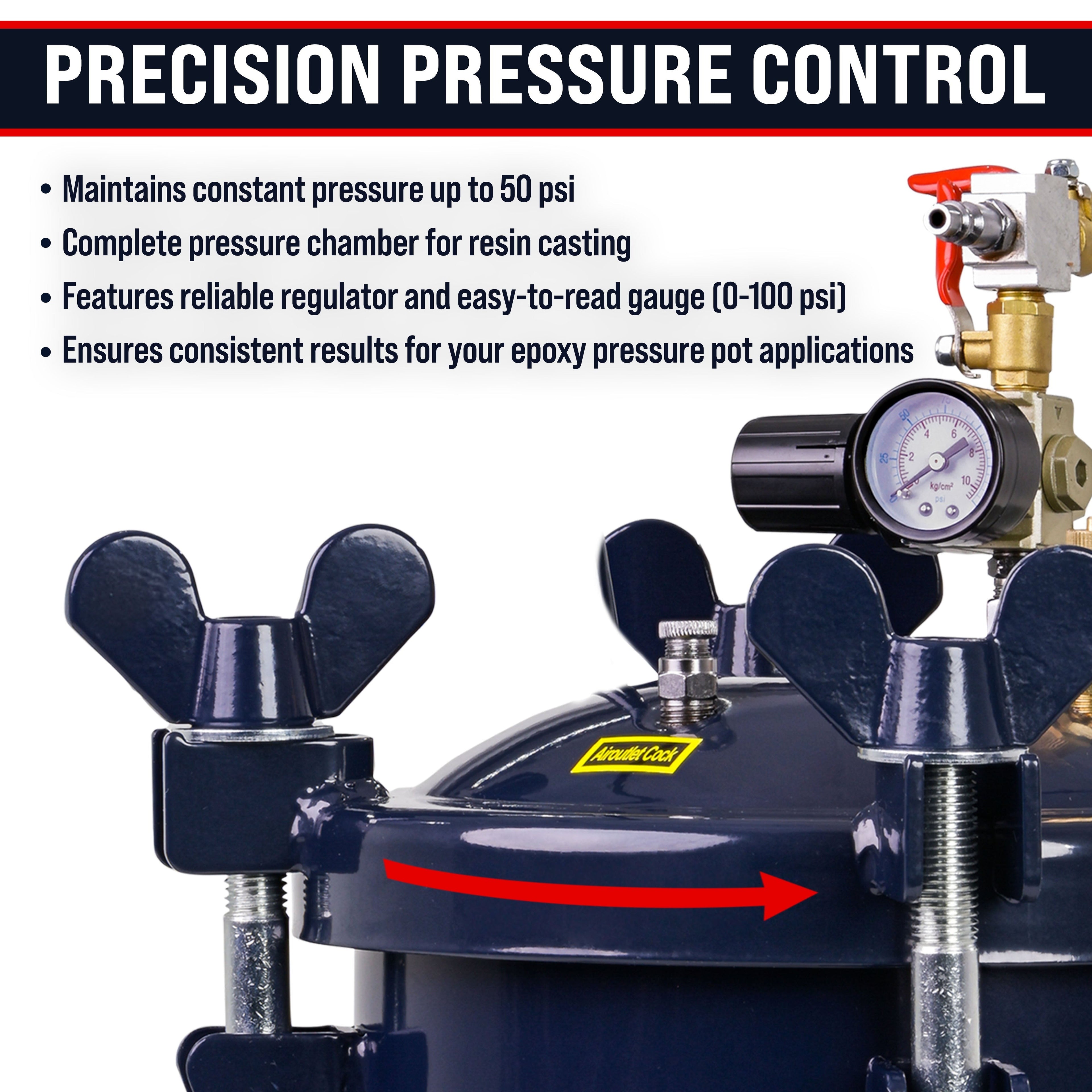 2.5 Gallon (10 Liter) Heavy Duty Steel Pressure Pot for Resin Casting with Clamp on Lid, Caster Wheels, Regulator & Gauge, Large Volume Epoxy Resin
