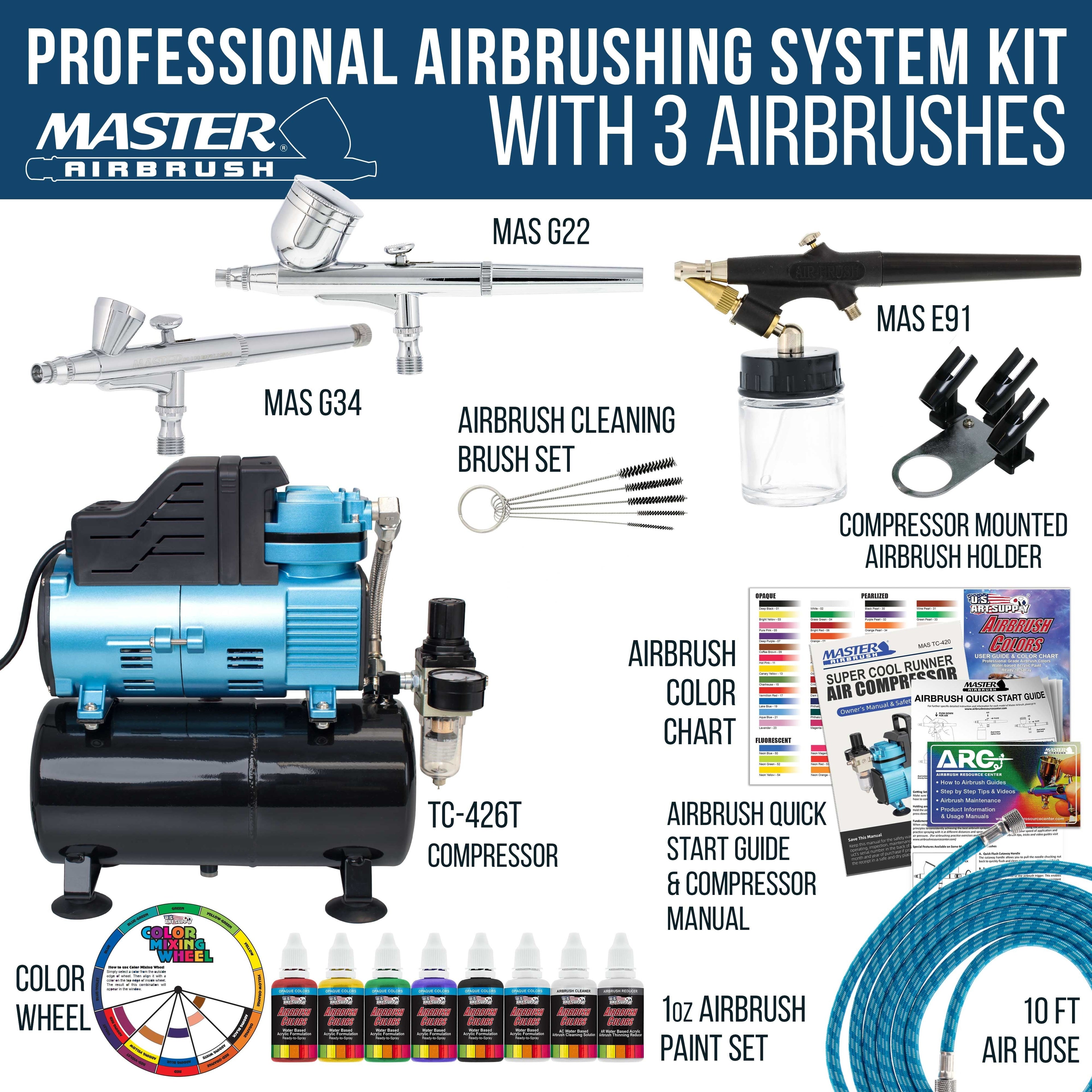 Super Cool Runner Dual Fan Air Compressor with Storage Tank - Airbrushing System Kit with 3 Airbrushes, 6 Color Acrylic Paint Art Set