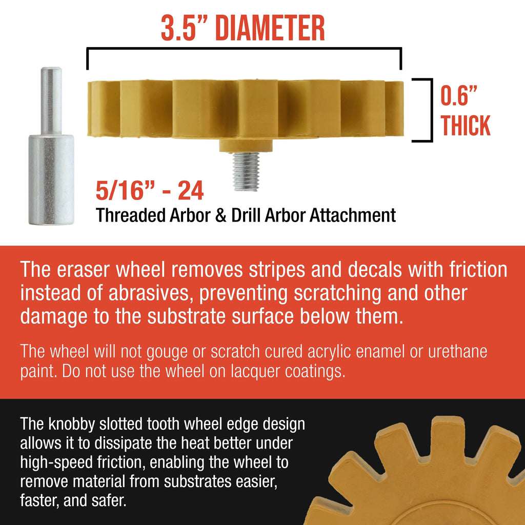 Rubber Eraser Wheel with Drill Adapter - 3.5" Knobby Slotted Edge Pad - Decal Remover Wheel - Sticker Remover Tool - Pinstripe Removal - Removes