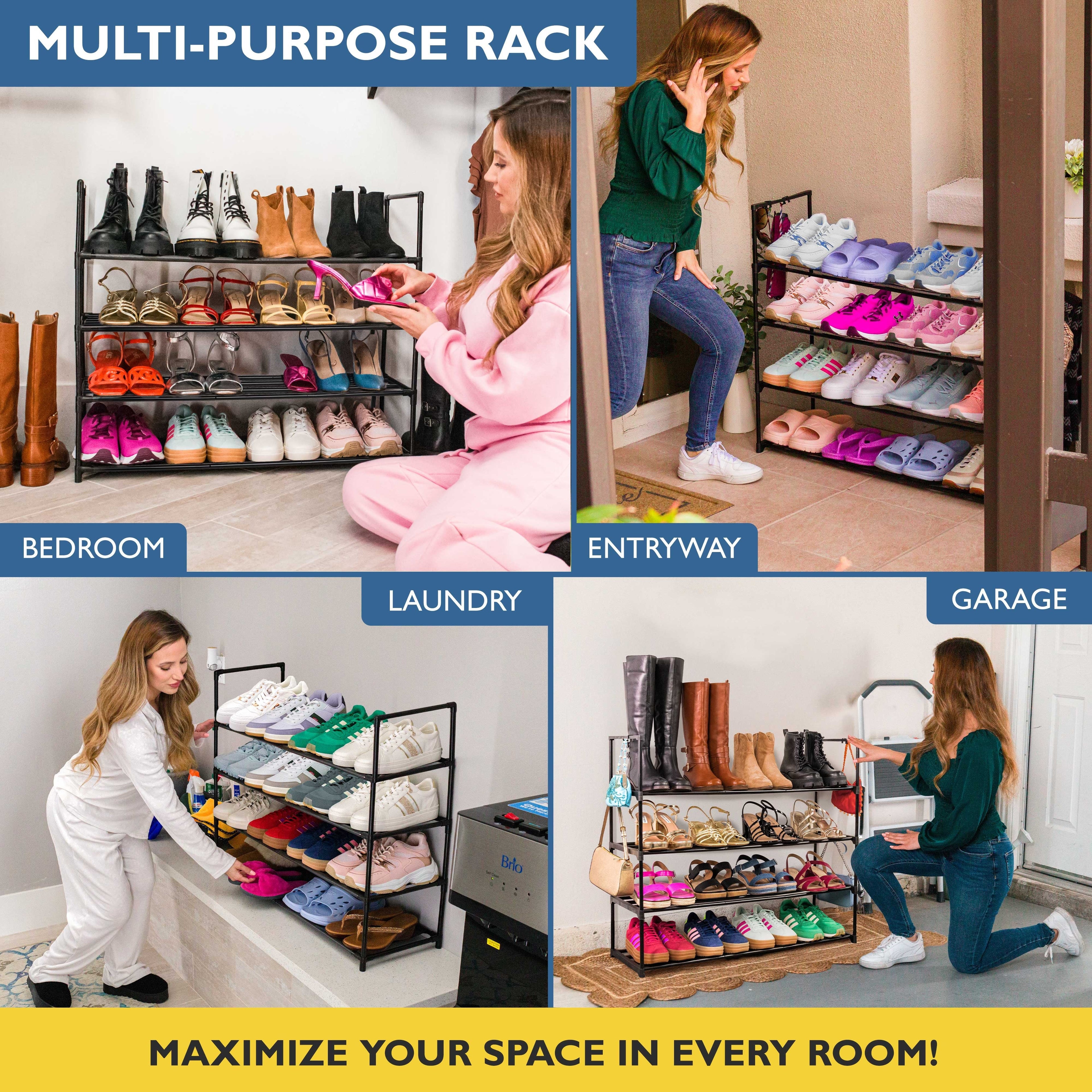 4 Tier Metal Shoe Organizer, Sturdy Long Shoe Rack for Closet, Bedroom, Entryway, Garage, Black Metal, Holds Up to 20 Pairs