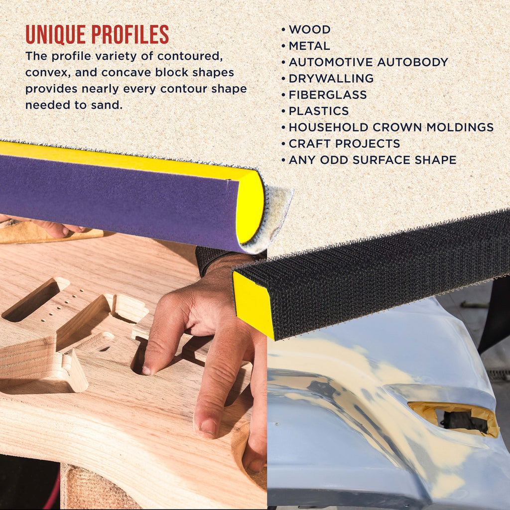 7-Piece Hand Sanding Block Set - 5" to 10-3/4" Long, Handheld Hook & Loop Sander Pads - Contoured Shapes - Wood Woodworking, Auto Body Paint