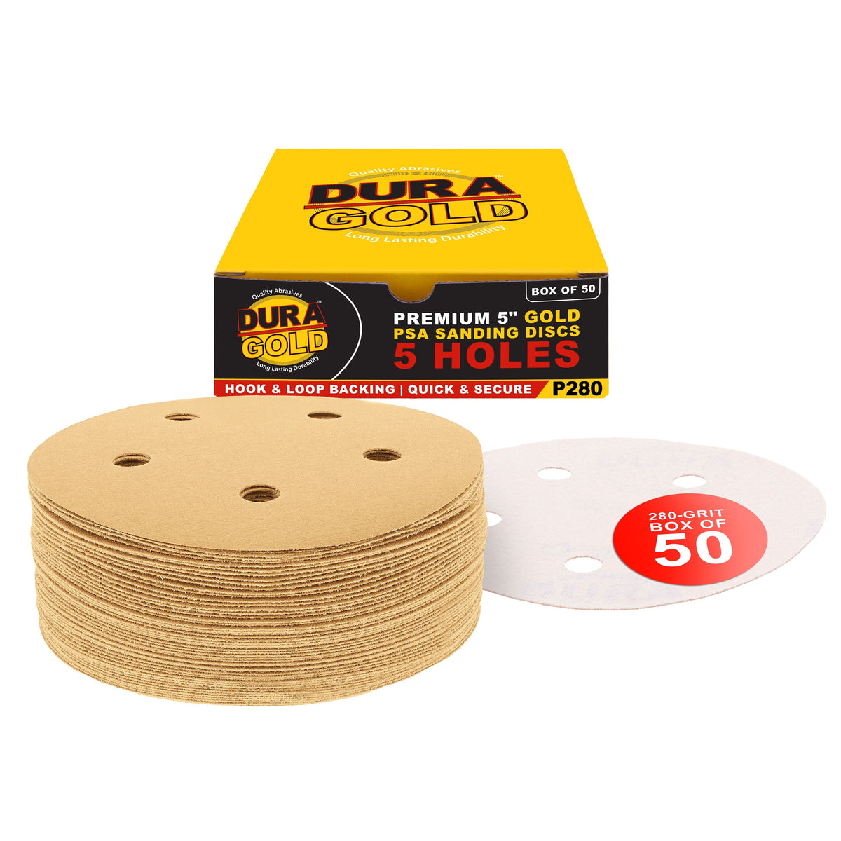 280 Grit - 5" Gold DA Sanding Discs - 5-Hole Pattern Hook and Loop - Box of 50