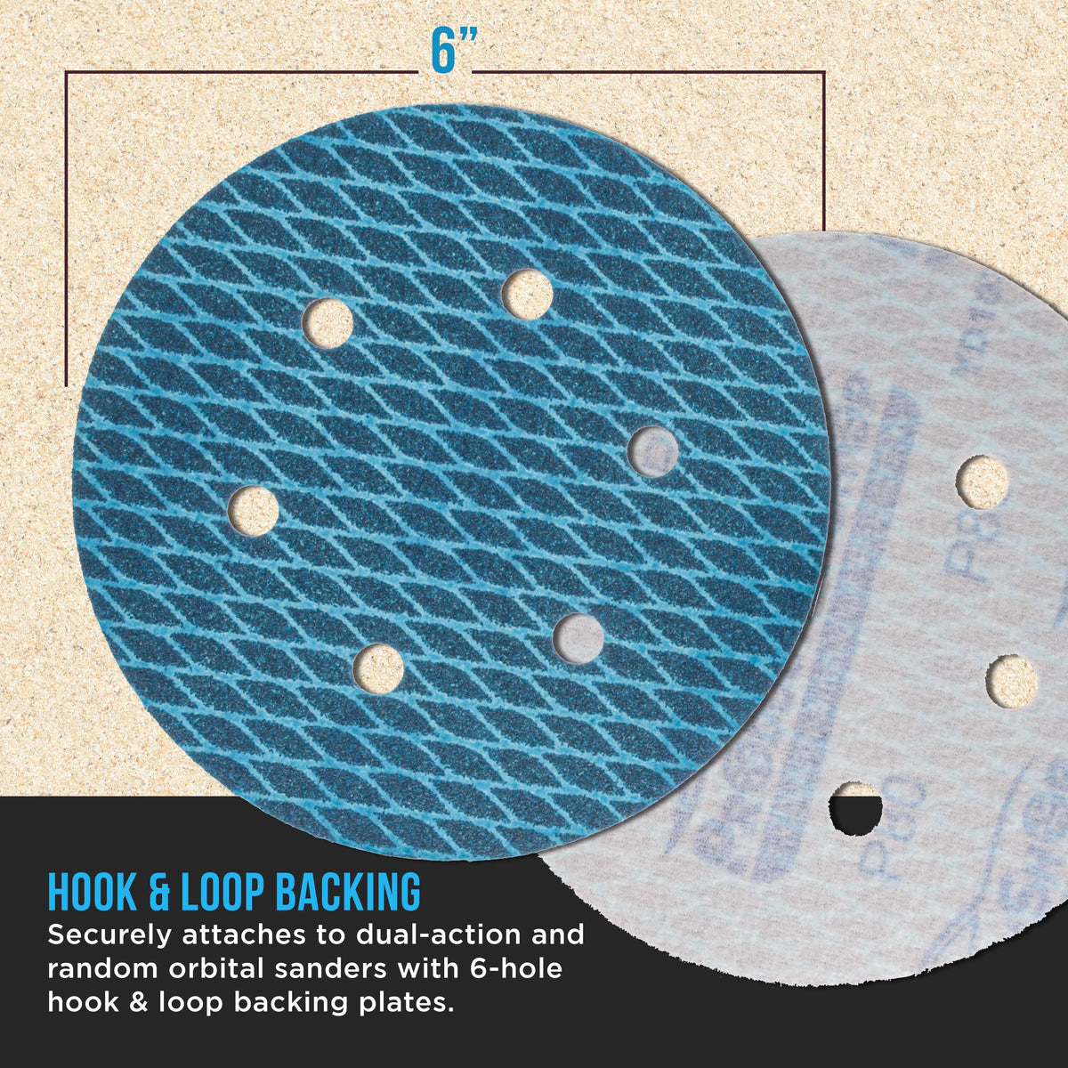 Premium 80 Grit 6" Rhombus Diamond Shape Blue Sanding Discs, 6-Hole, Box of 50 - Hook & Loop Anti-Clogging J-Cloth Dustless Sandpaper for Random Orbital Sanders