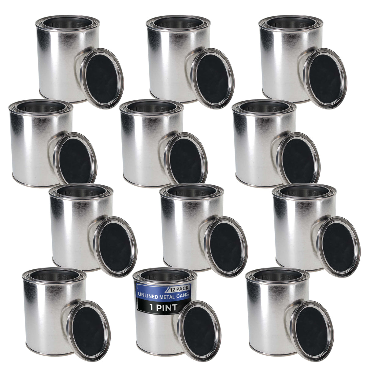 1 Pint Unlined Empty Metal Paint Can Bucket with Lids, Pack of 12 - Triple Tight Lid Seal, 16 fl. oz. Steel Coating Storage Container Tin