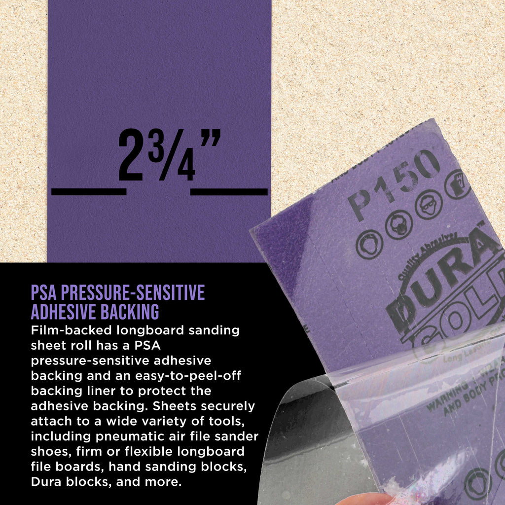 Premium 150 Grit PSA Purple Film Ceramic Longboard Sandpaper, 2-3/4" Wide Continuous 20 Yard Roll - Self Adhesive Stickyback for Auto & Wood Air File Long Board Sanders, Hand Sanding Blocks