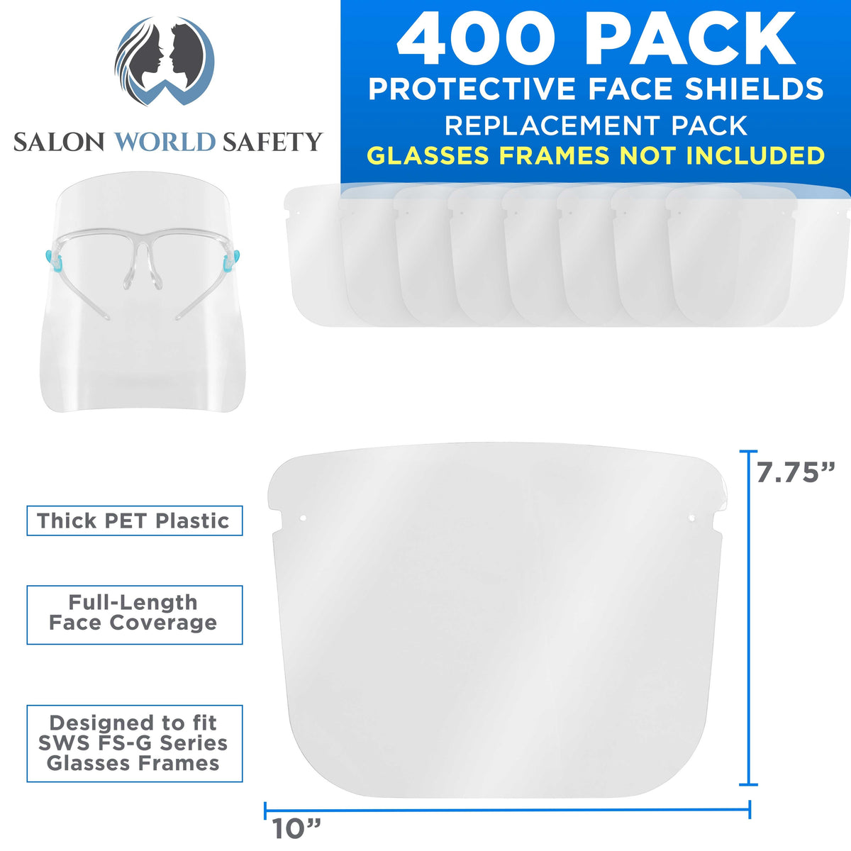 Replacement Face Shields Only (40 Packs of 10), Glasses Frames Not Included, Ultra Clear, Protect Eyes Mouth, Anti-Fog PET Plastic