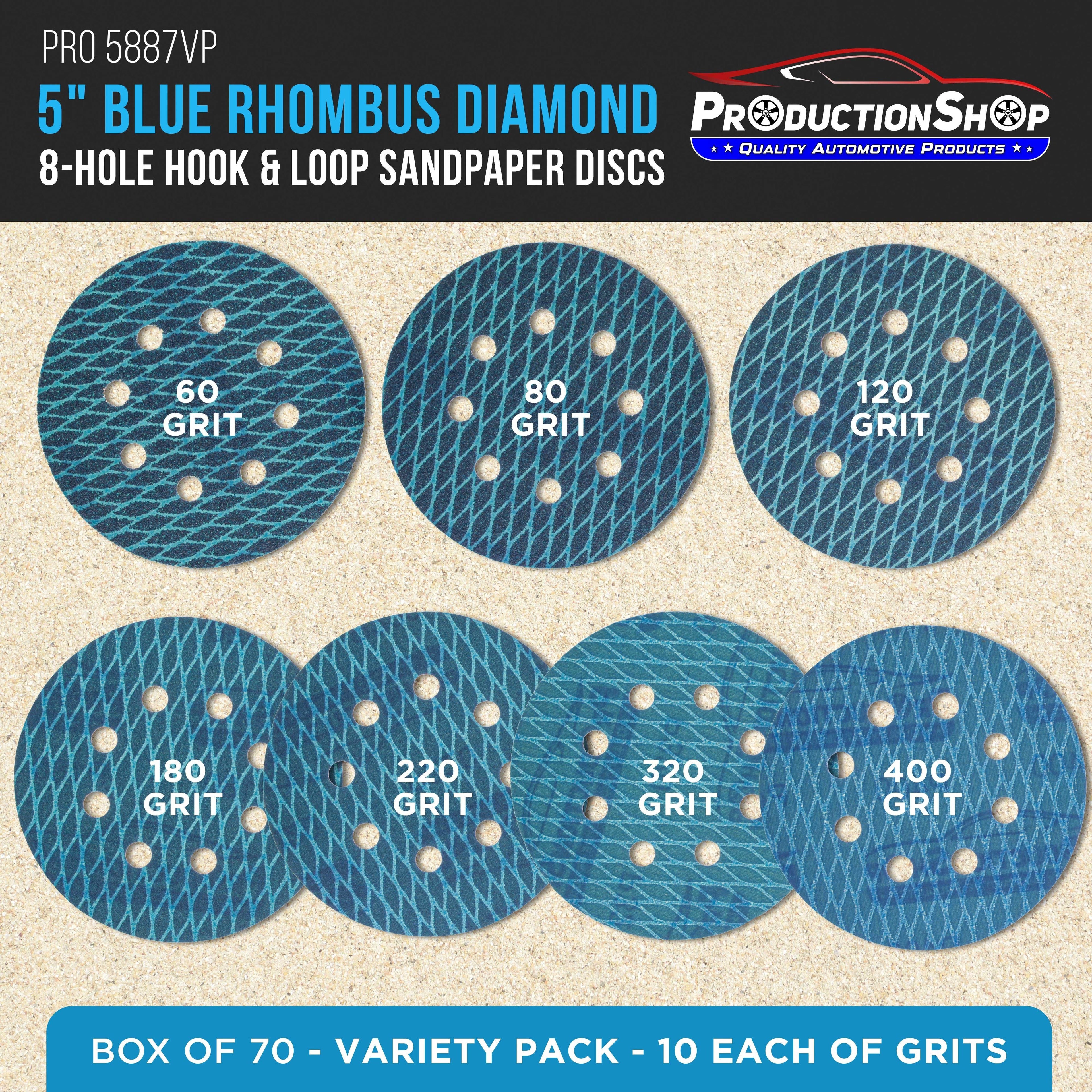 Premium 5" Rhombus Diamond Shape Blue Sanding Discs, 8-Hole, 70 Disc Variety Pack, Grits 60, 80, 120, 150, 180, 220, 320, 400 - Hook & Loop Sandpaper, Random Orbital Sanders