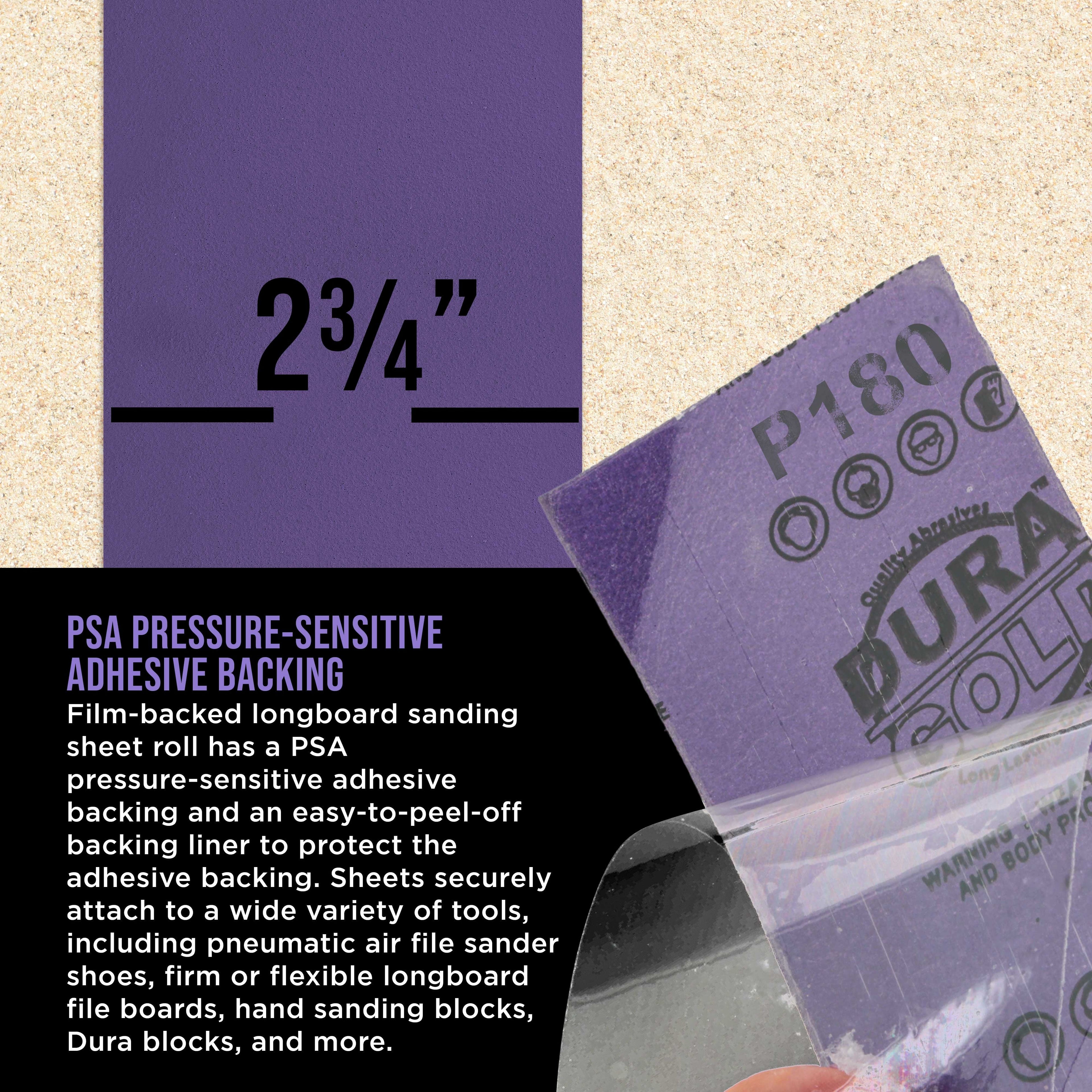 Premium 180 Grit PSA Purple Film Ceramic Longboard Sandpaper, 2-3/4" Wide Continuous 20 Yard Roll - Self Adhesive Stickyback for Auto & Wood Air File Long Board Sanders, Hand Sanding Blocks