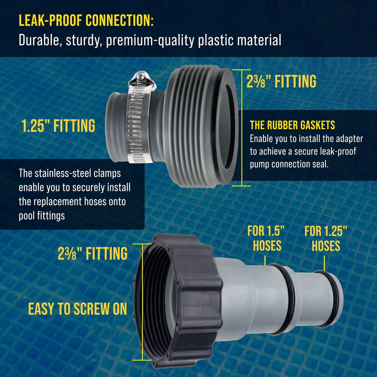 Pool Hose Adapter A B Conversion 1.25" to 1.5" Hose Connector with Clamps, Pack of 2 - Above Ground Replacement Compatible with Intex Pool Filter Pumps, Sand Filters Saltwater Systems
