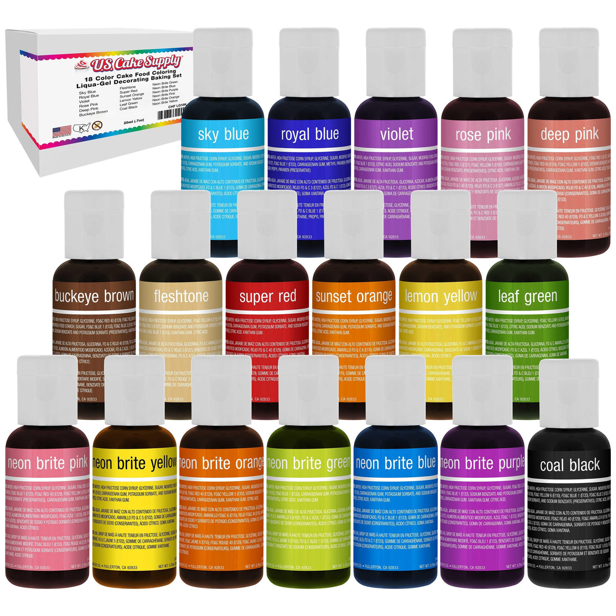 18 Color Cake Food Coloring Liqua-Gel Decorating Baking Set - 12-Primary & 6-Neon Colors U.S. Cake Supply 0.75 fl. oz. (20ml) Bottles - Made in U.S.A.