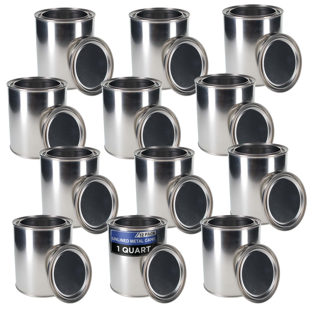 1 Quart Unlined Empty Metal Paint Can Bucket with Lids, Pack of 12 - Triple Tight Lid Seal, 32 fl. oz. Steel Coating Storage Container Tin