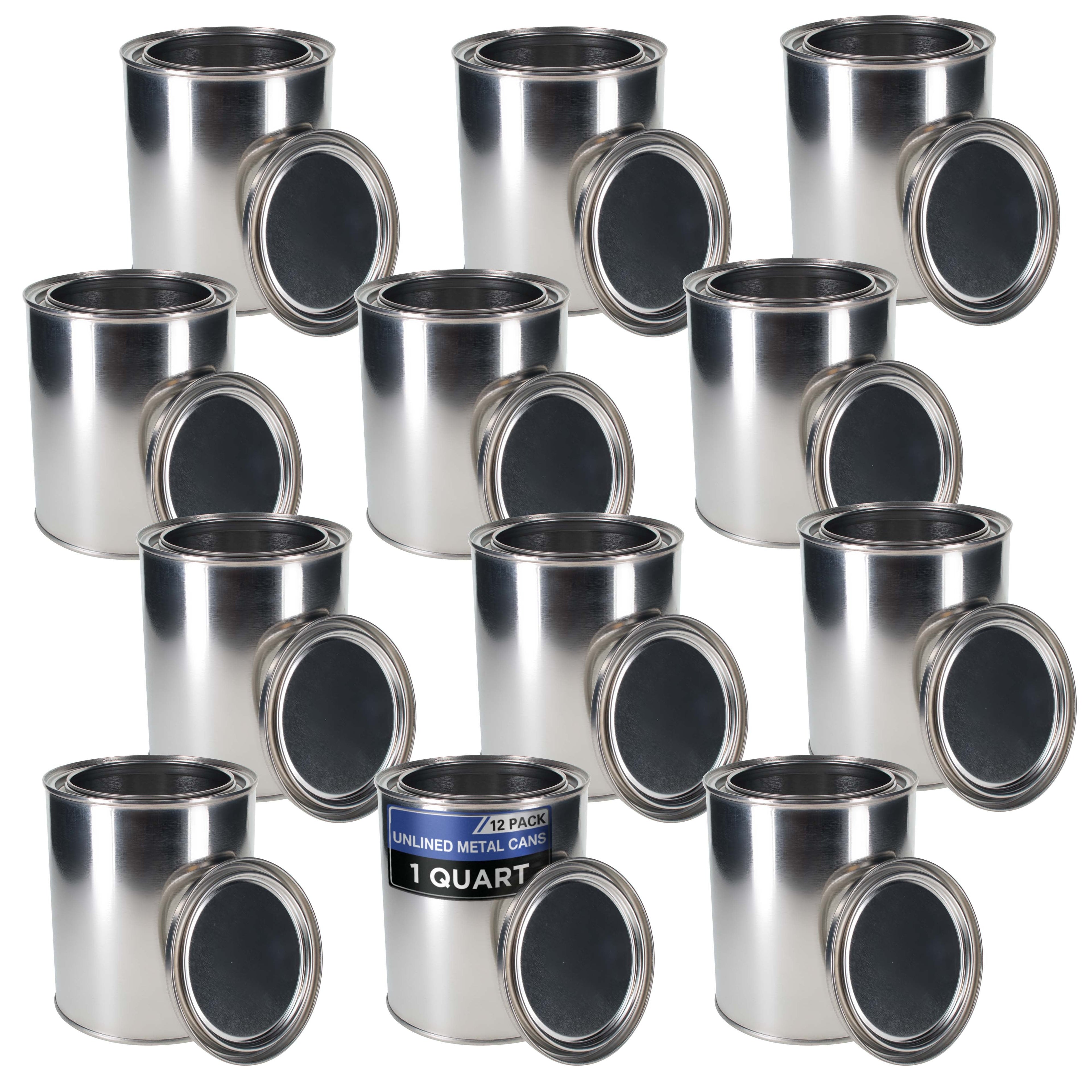 1 Quart Unlined Empty Metal Paint Can Bucket with Lids, Pack of 12 - Triple Tight Lid Seal, 32 fl. oz. Steel Coating Storage Container Tin