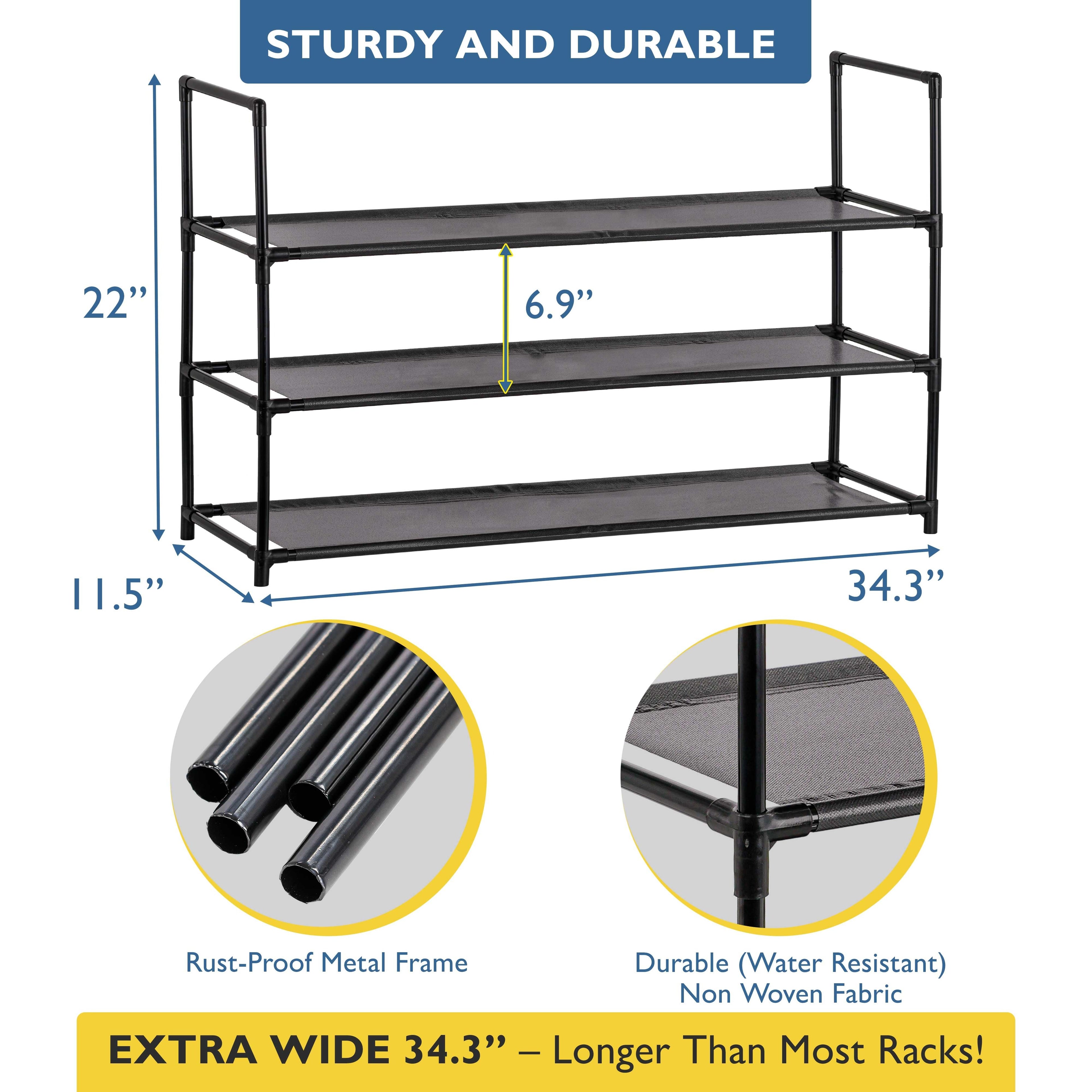 3 Tier Shoe Organizer, Sturdy Long Shoe Rack for Closet, Bedroom, Entryway, Garage, Non Woven Fabric Shelf, Black, Holds Up to 15 Pairs