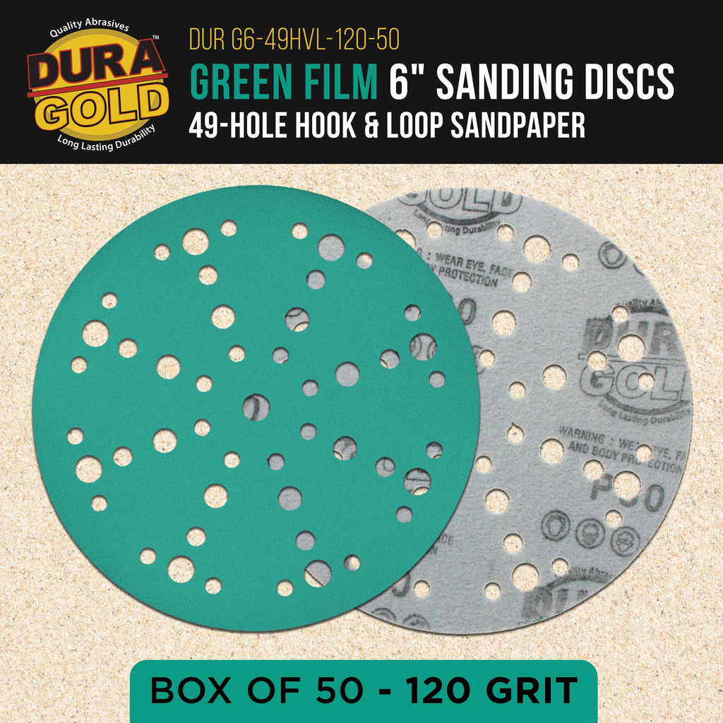 120 Grit 6" Green Film Sanding Discs, 49-Hole Pattern, Box of 50 - Heavy-Duty Dustless Hook & Loop Backing Sandpaper for DA & Random Orbital Sanders, Sand Auto Paint, Wood Furniture
