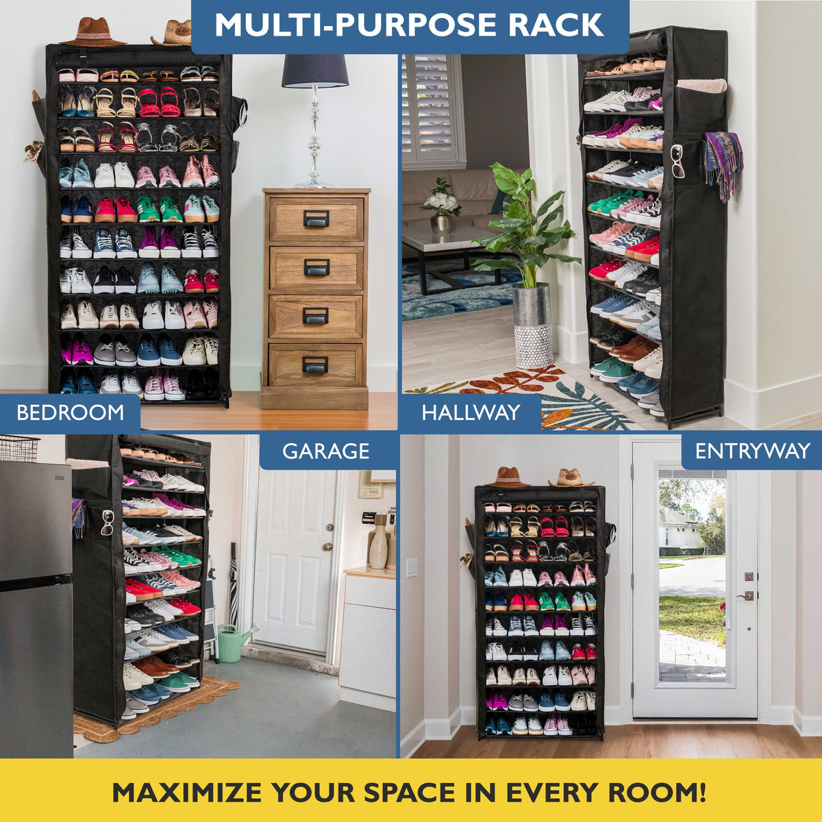 10 Tier Shoe Organizer, Sturdy Tall Shoe Rack for Closet, Bedroom, Garage, Non Woven Fabric Shelf, Black, Holds Up to 50 Pairs