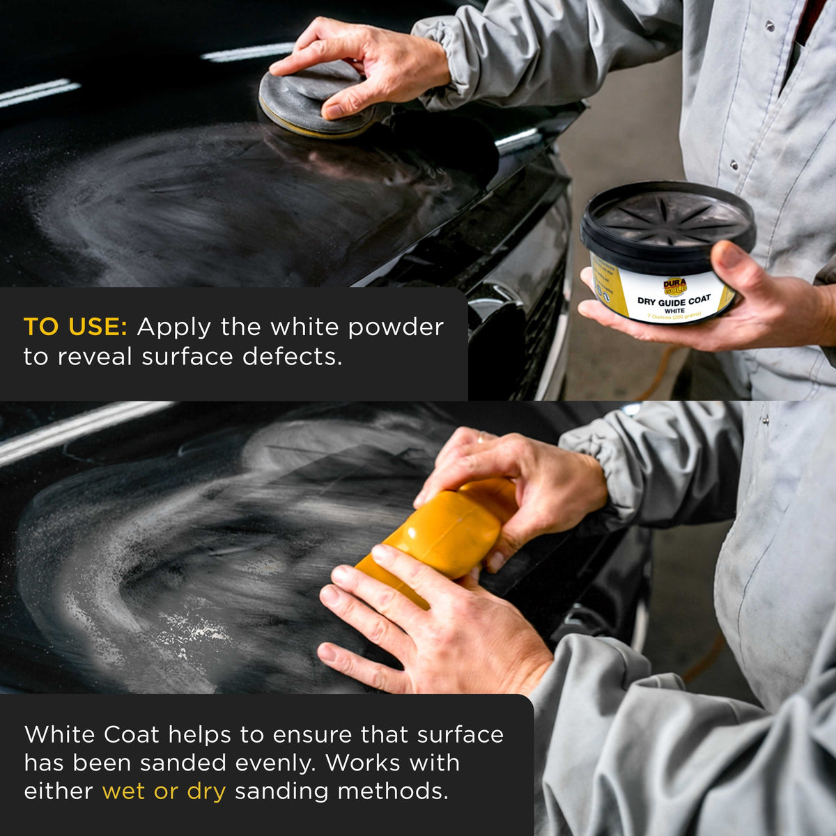 Premium White Dry Guide Coat Kit, 7 Ounces (200 Grams) - Powder that Instantly Highlights Auto Bodyshop Repair Surface Imperfections, Defects
