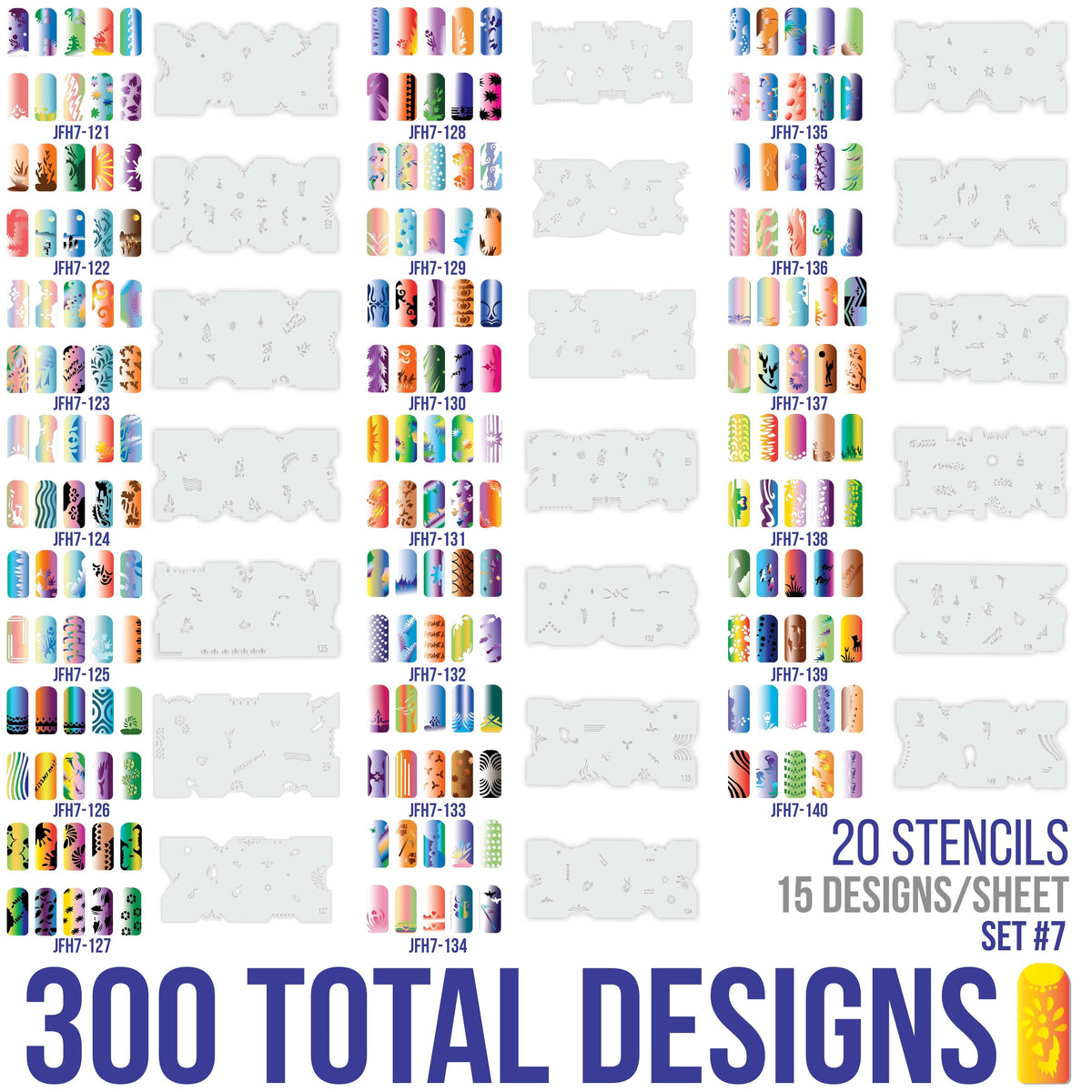 Airbrush Nail Stencils - Nail Art Stencils Set #7: 320 Unique Designs from 20 Individual Templates