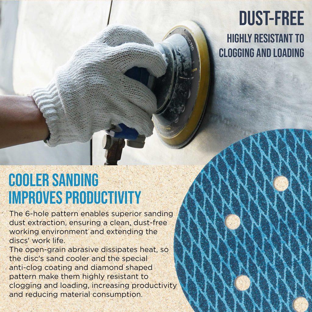 Premium 120 Grit 6" Rhombus Diamond Shape Blue Sanding Discs, 6-Hole, Box of 50 - Hook & Loop Anti-Clogging J-Cloth Dustless Sandpaper for Random Orbital Sanders