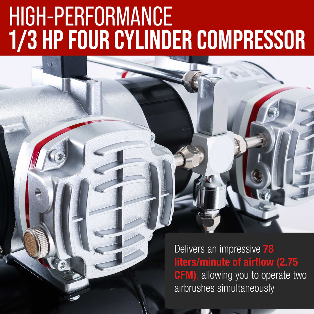 TC-828 Airbrush Compressor with Tank- 1/3 HP Twin Cylinder, 4L Air Tank, 78L/Min Flow, Multi-Airbrush & Spray Gun Support, True