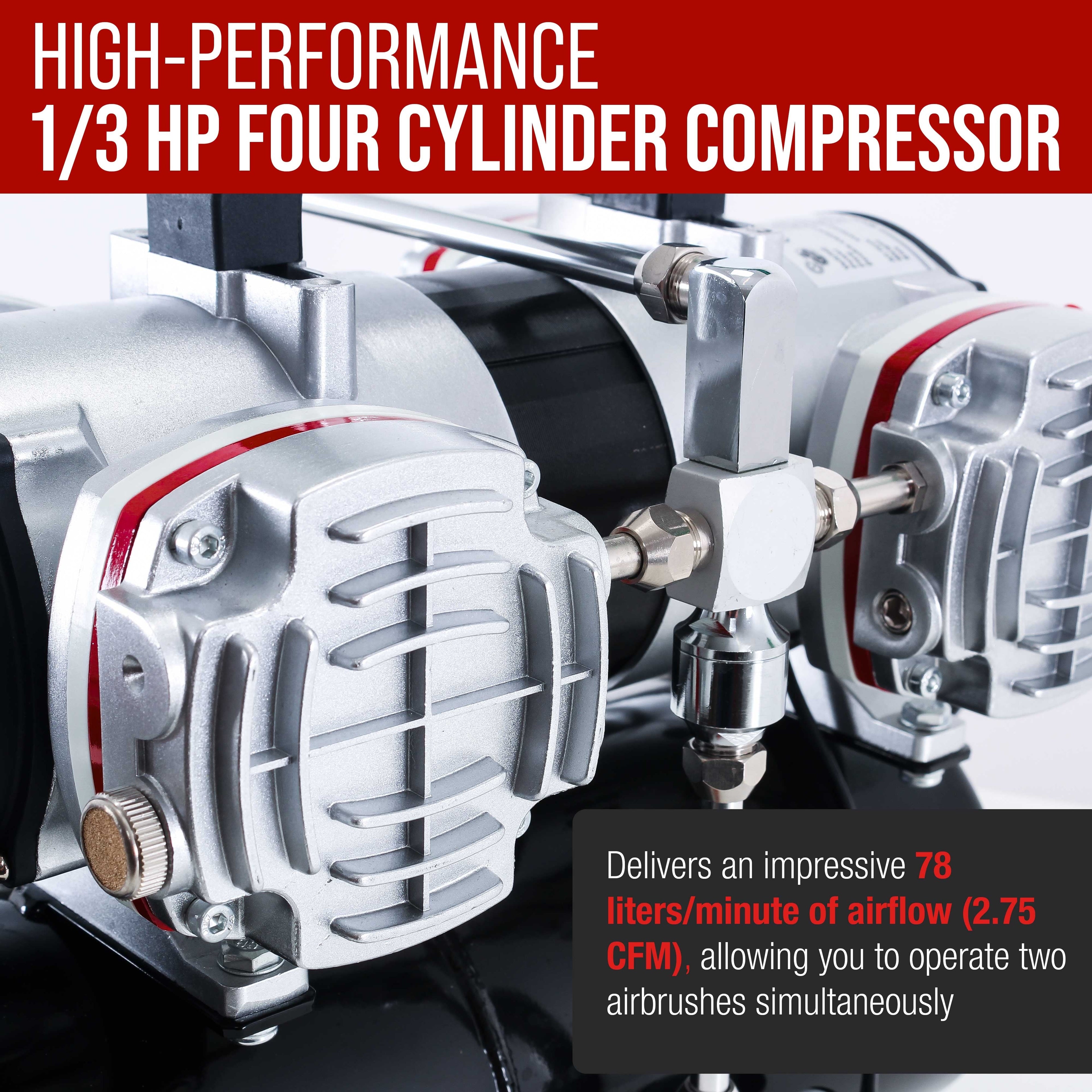 TC-828 Airbrush Compressor with Tank- 1/3 HP Twin Cylinder, 4L Air Tank, 78L/Min Flow, Multi-Airbrush & Spray Gun Support, True