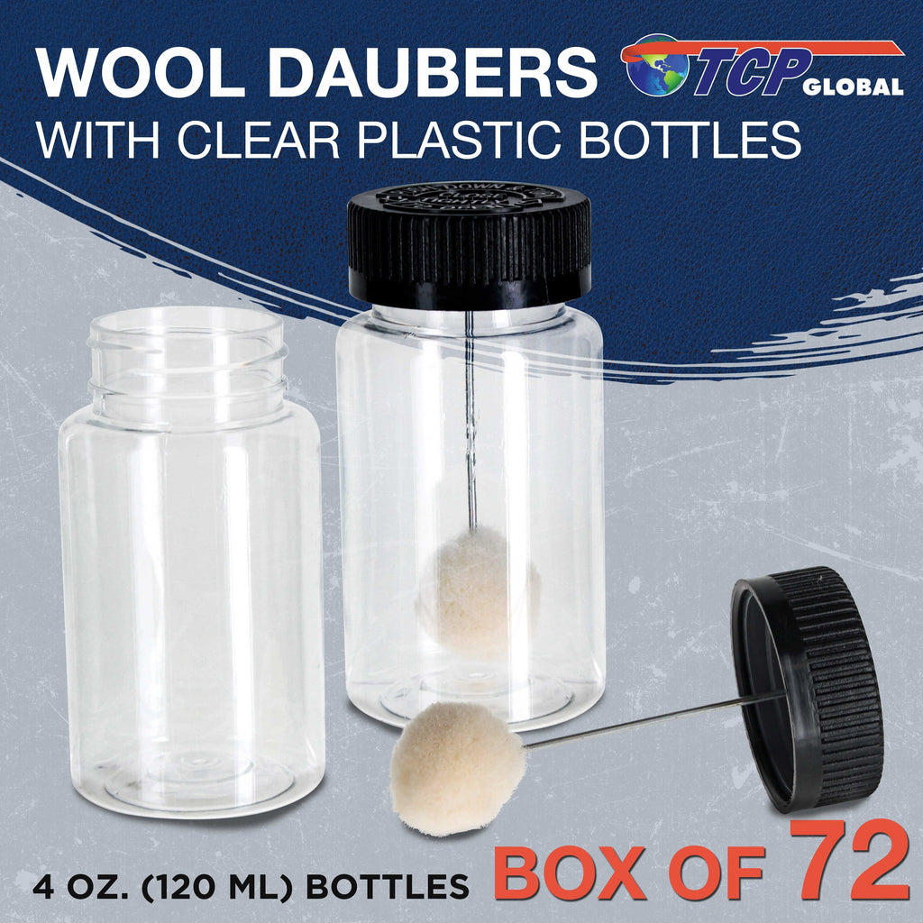 72-Pack Wool Daubers with Clear Plastic Bottles, 4 oz. (120 ml) - Safety Lids, Applicator Ball Brushes for Leather Dye, Dyeing, Painting, Gluing, DIY