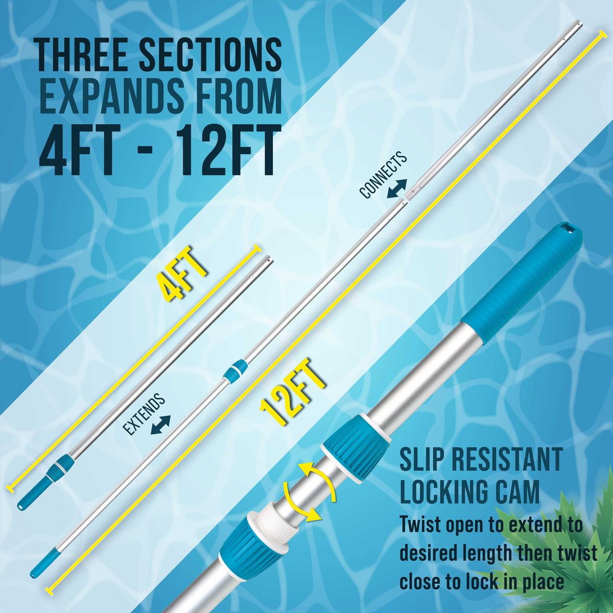 Professional 12-Foot Aluminum Telescopic Swimming Pool Pole, 3 Piece Expandable Step-Up - Twist Locking Cams, Attach Skimmer Nets