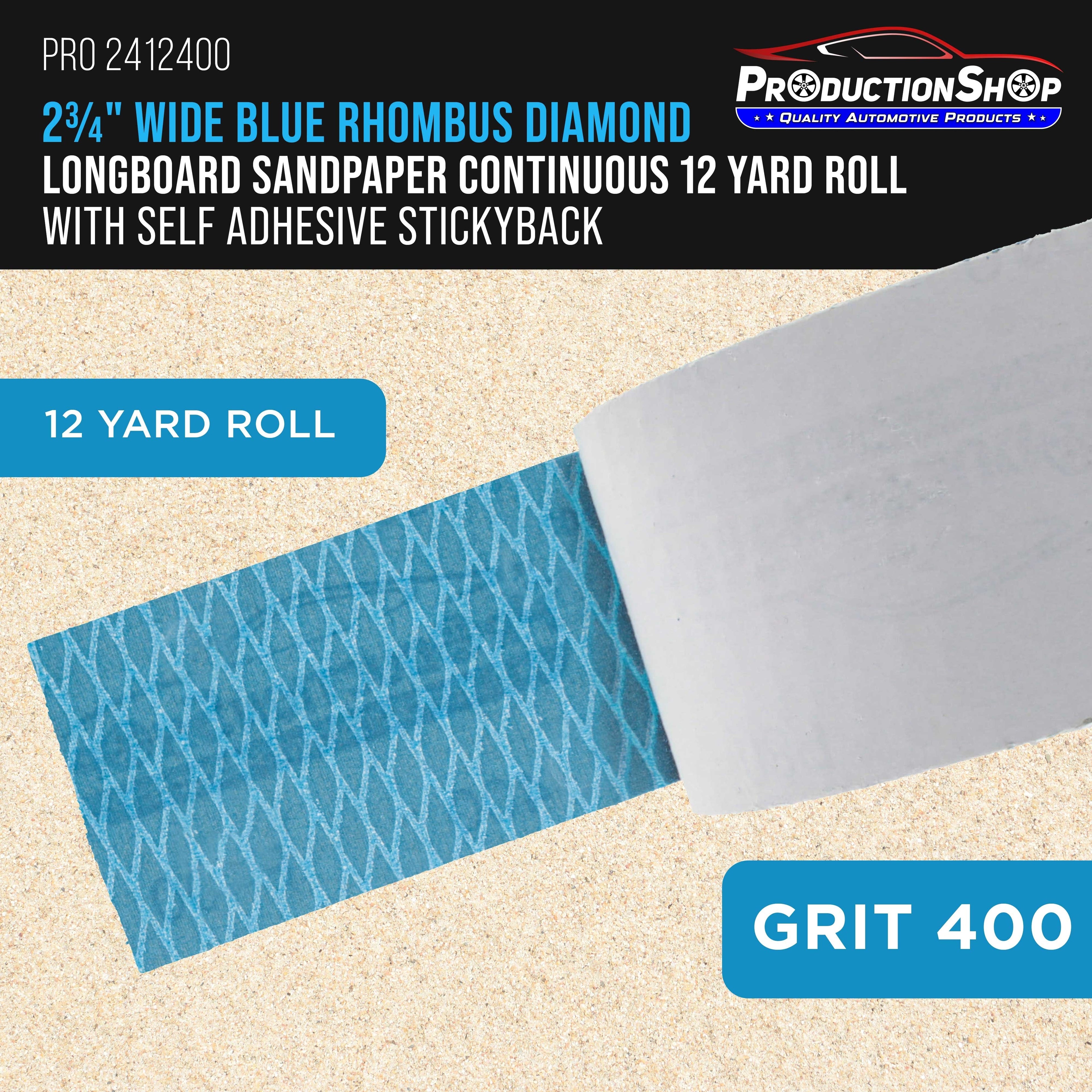 400 Grit PSA Rhombus Diamond Shape Blue Longboard Sandpaper, 2-3/4" Wide Continuous 12 Yard Roll - Self Adhesive Stickyback