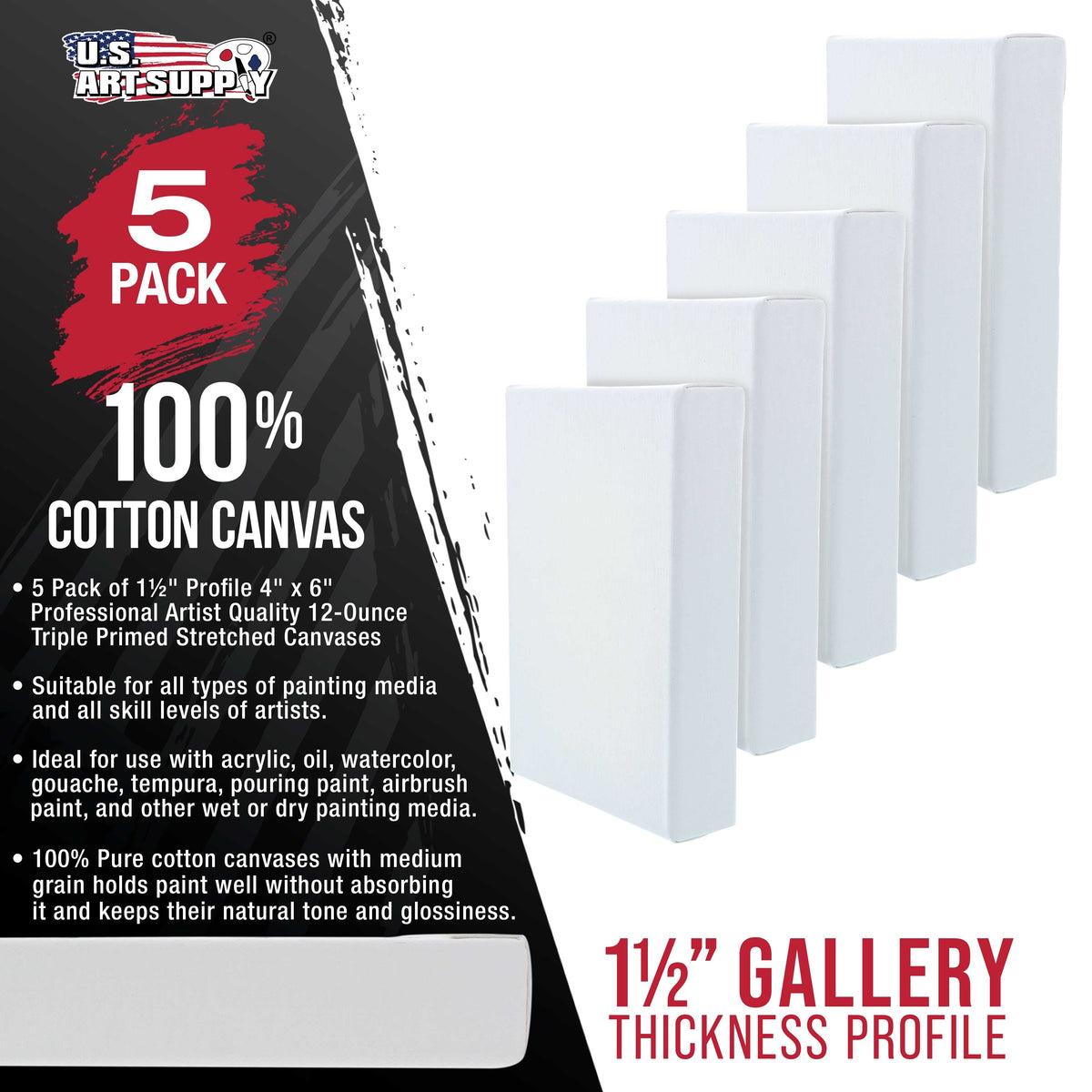 5 x 7 inch Gallery Depth 1-1/2" Profile Stretched Canvas, 5-Pack - 12-Ounce Acrylic Gesso Triple Primed, Professional Artist Quality, 100% Cotton - Acrylic Pouring, Oil Painting