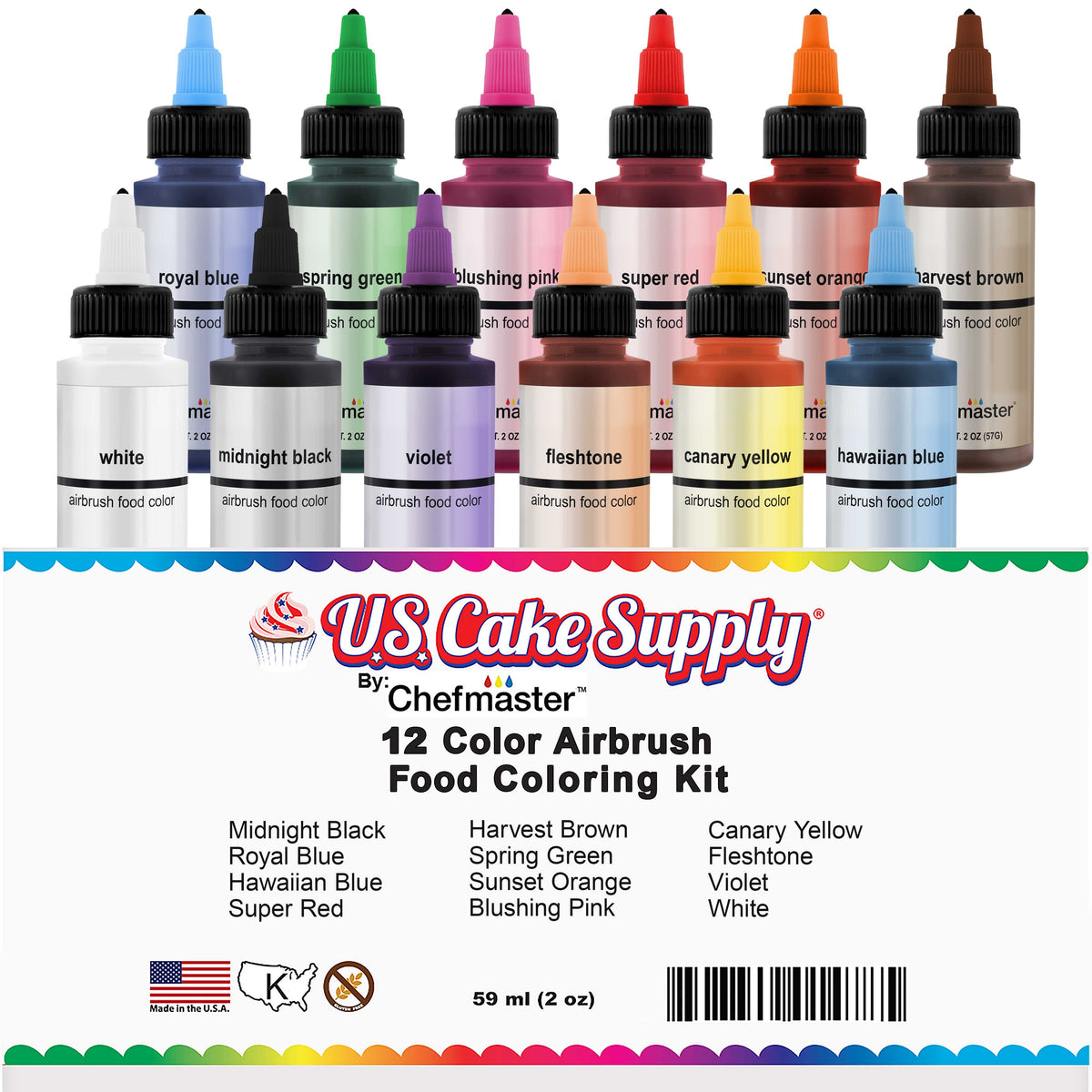 2-Ounce 12-Color Airbrush Cake Color Kit with USA Color Mixing Wheel